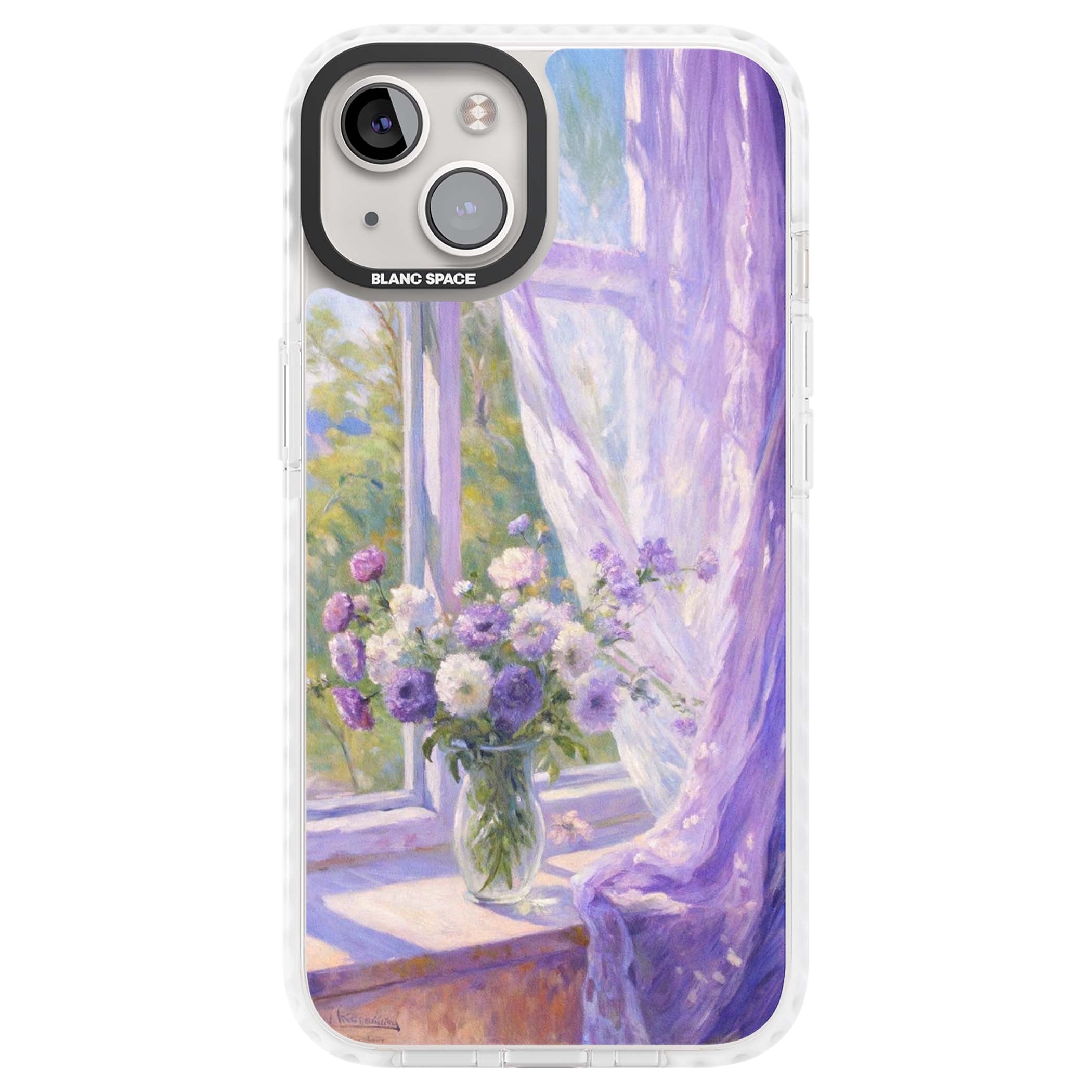A Provence Morning impressionist art iPhone case featuring a vase of purple flowers, sunlit window and sheer curt | Impact Magsafe case for iPhone 13, iPhone 14, iPhone 15