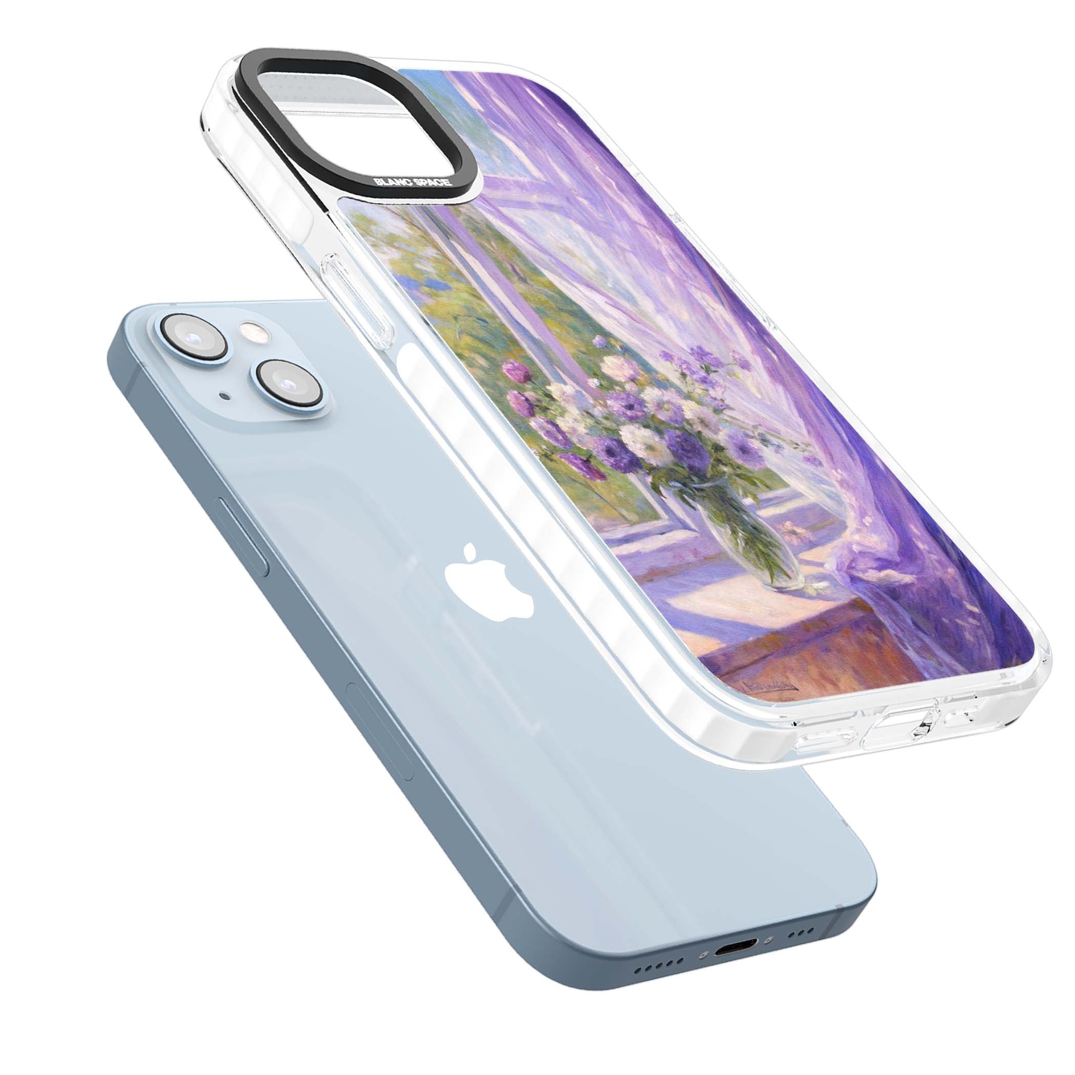 A Provence Morning impressionist art iPhone case featuring a vase of purple flowers, sunlit window and sheer curt | Impact Magsafe case for iPhone 13, iPhone 14, iPhone 15