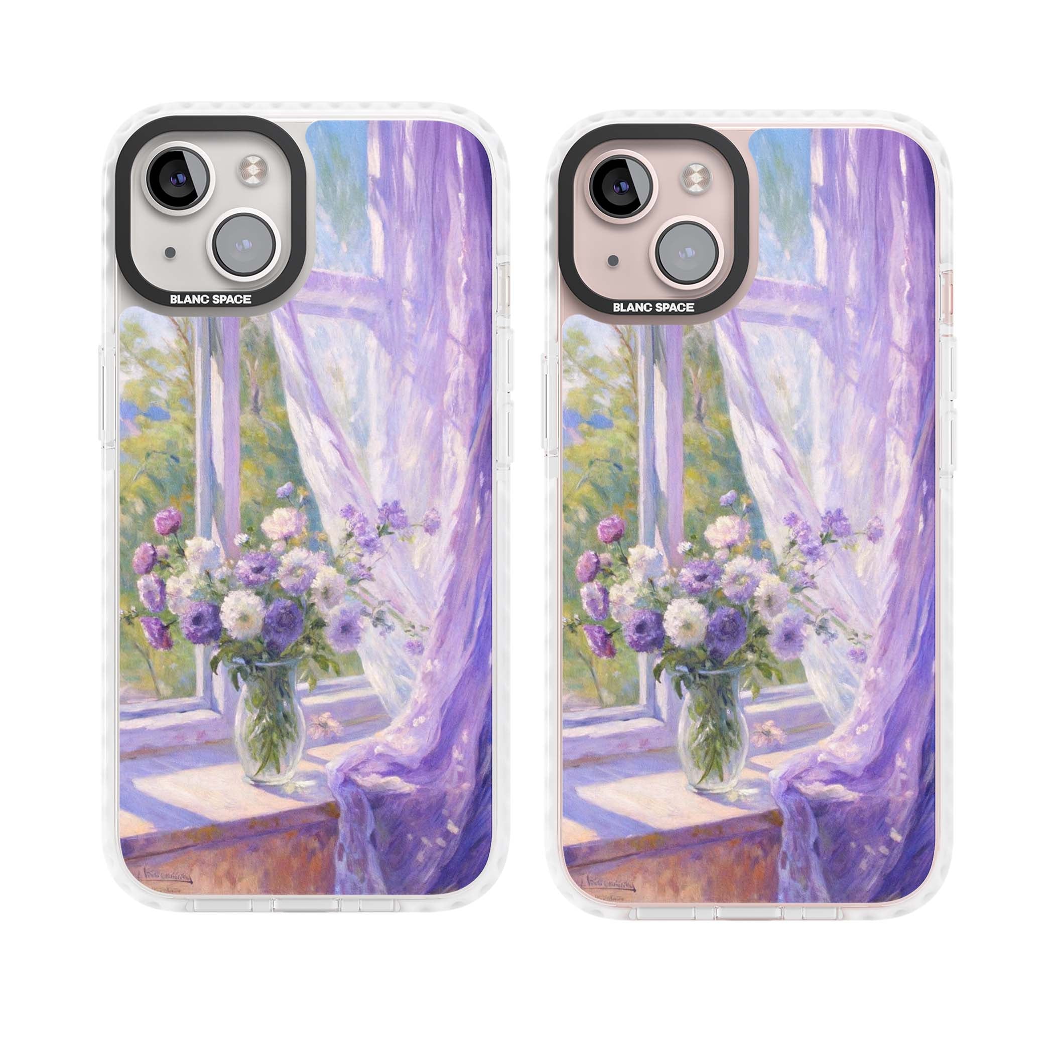 A Provence Morning impressionist art iPhone case featuring a vase of purple flowers, sunlit window and sheer curt | Impact Magsafe case for iPhone 13, iPhone 14, iPhone 15