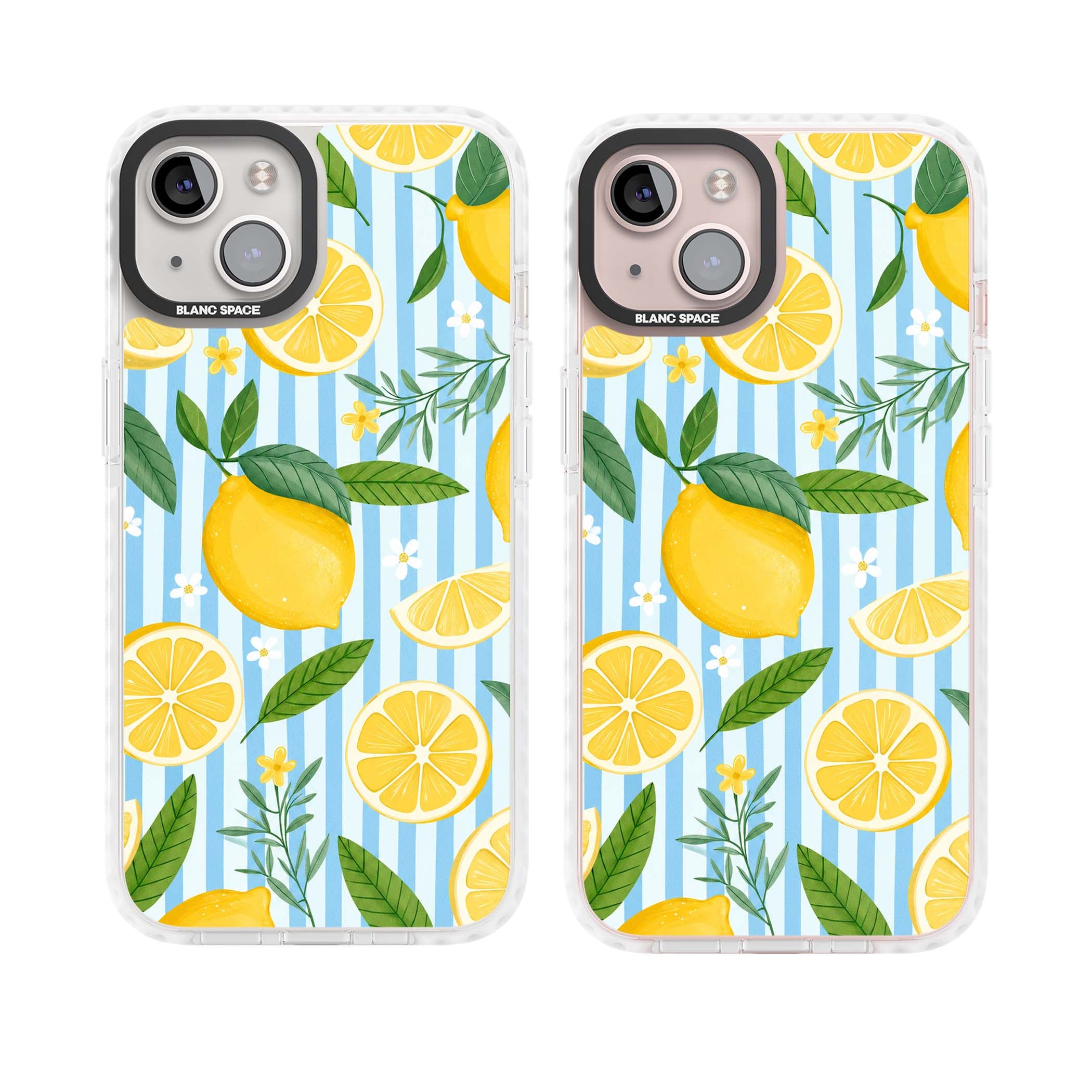Capri Citrus Stripe coastal iPhone case featuring yellow lemons, blue stripes, and white daisy blossoms | Impact Magsafe case for iPhone 13, iPhone 14, iPhone 15