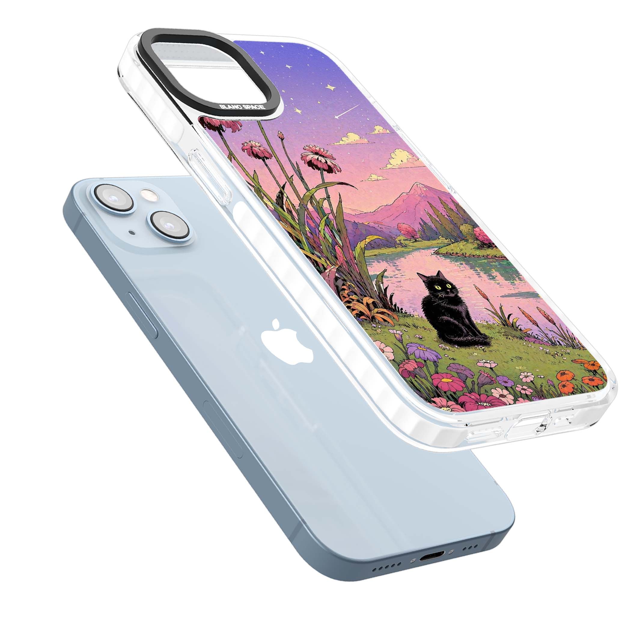 Mystic Whiskers ghibli iPhone case featuring a black cat by a pastel lake, wildflowers and a starry sunset sky | Impact Magsafe case for iPhone 13, iPhone 14, iPhone 15