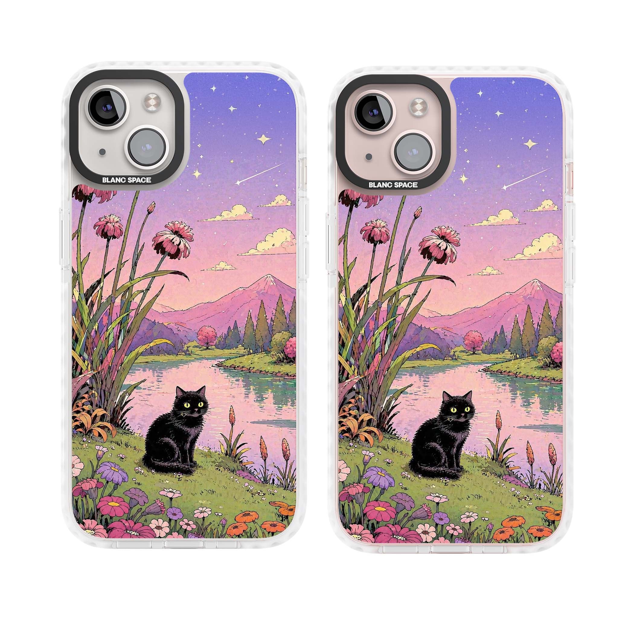 Mystic Whiskers ghibli iPhone case featuring a black cat by a pastel lake, wildflowers and a starry sunset sky | Impact Magsafe case for iPhone 13, iPhone 14, iPhone 15