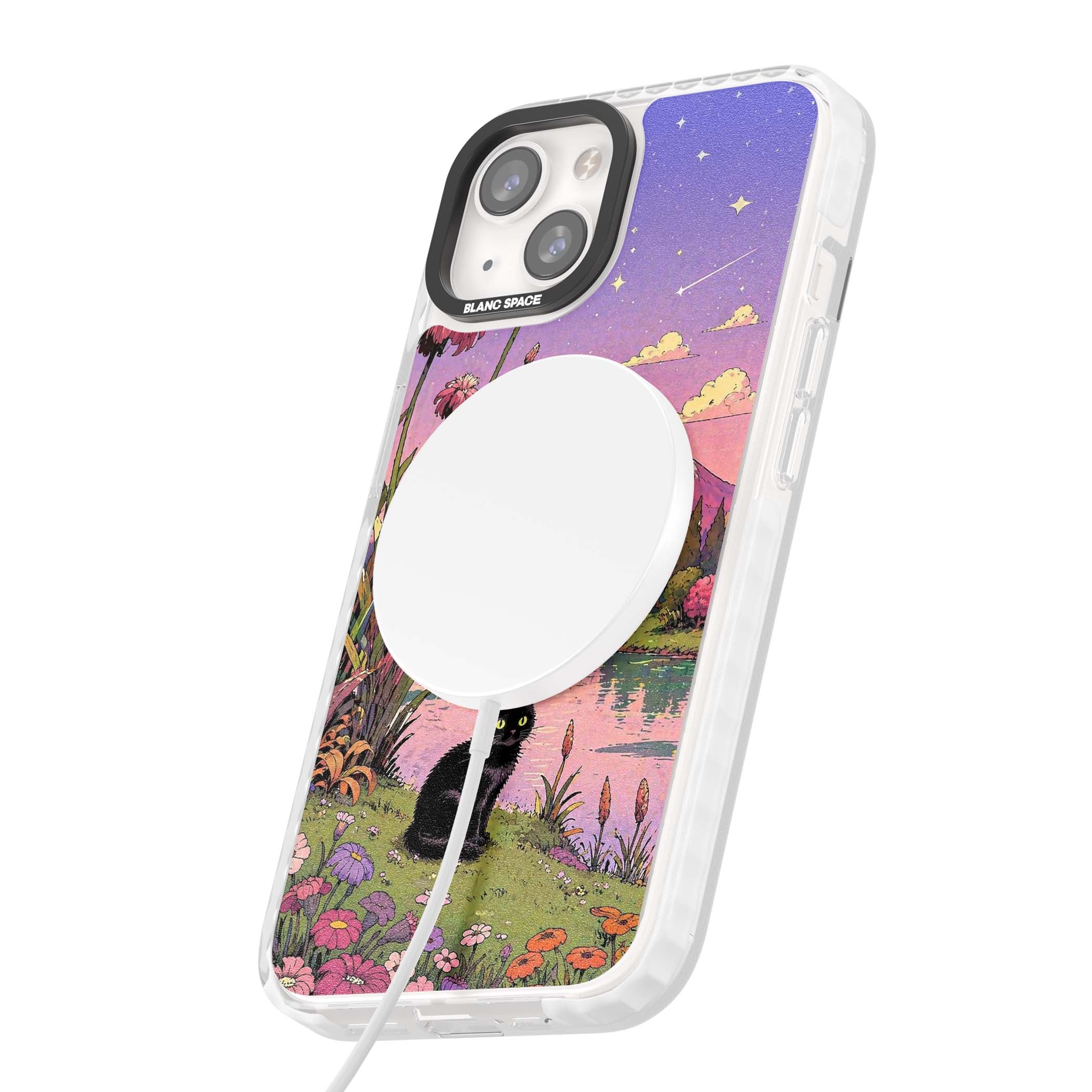 Mystic Whiskers ghibli iPhone case featuring a black cat by a pastel lake, wildflowers and a starry sunset sky | Impact Magsafe case for iPhone 13, iPhone 14, iPhone 15