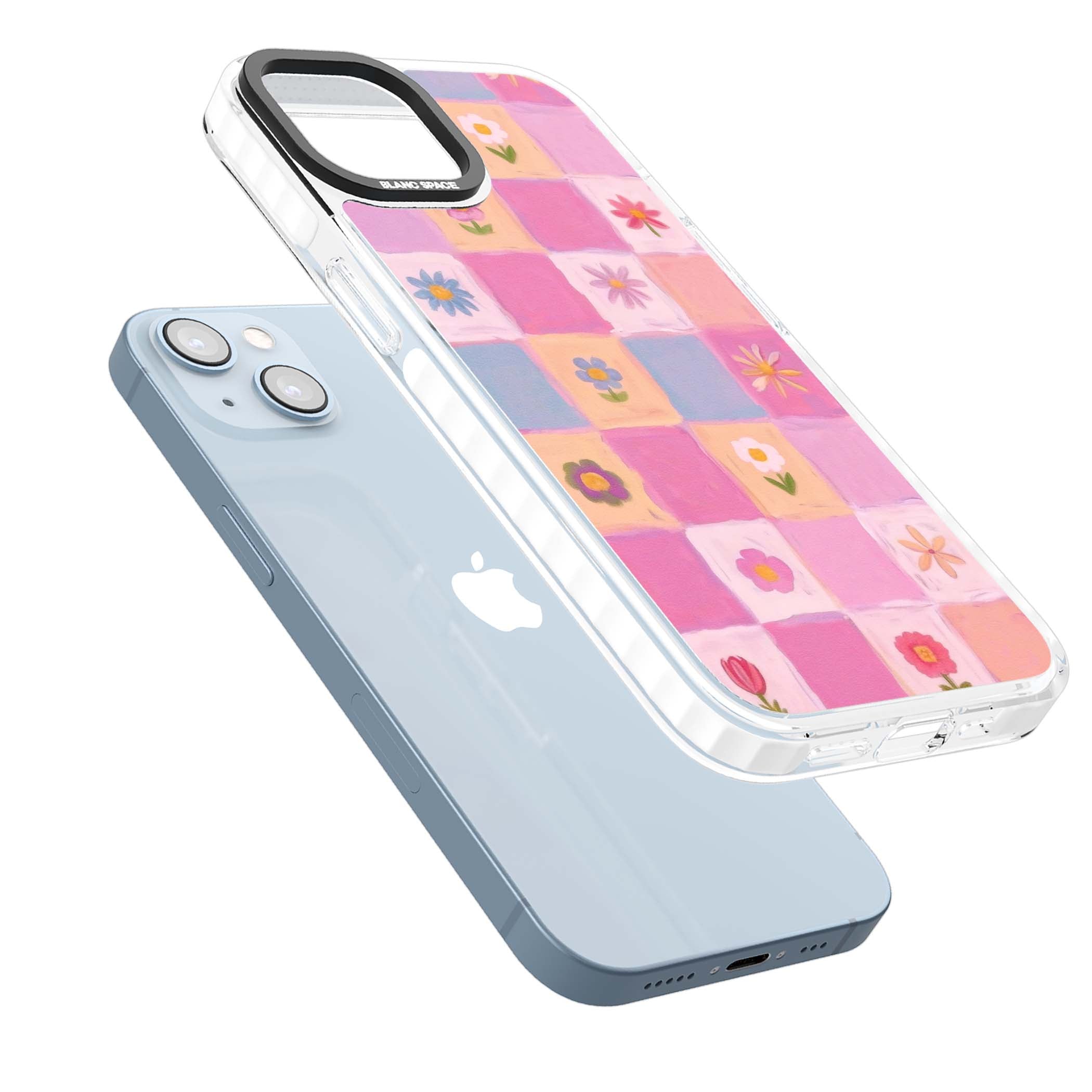 Pastel Flower Patchwork cottagecore iPhone case featuring painted pink and lilac squares with daisies and wildflowers | Impact Magsafe case for iPhone 13, iPhone 14, iPhone 15