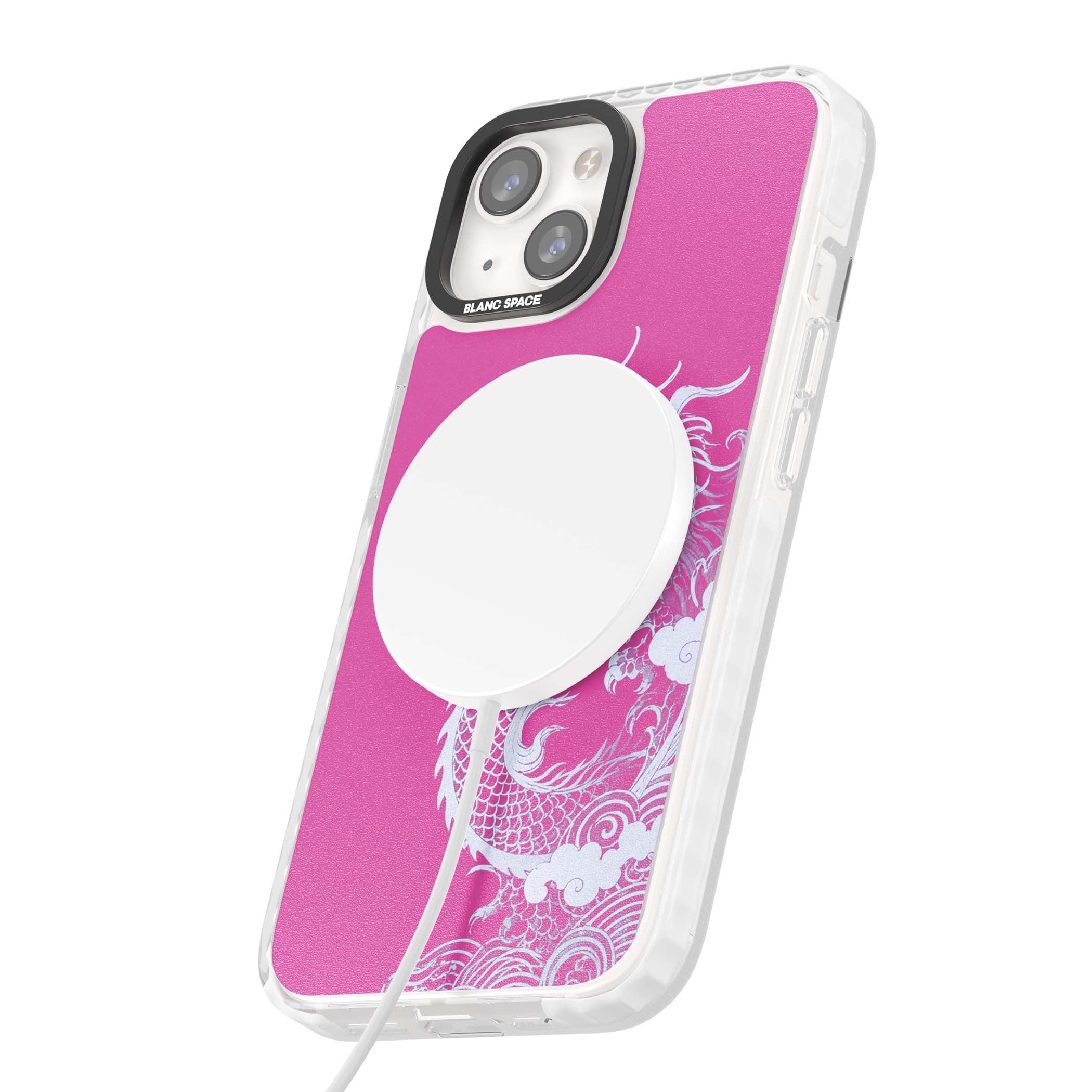 Pink Empress chinese dragon iPhone case featuring a white dragon, swirling clouds and pink dragon wallpaper backdrop | Impact Magsafe case for iPhone 13, iPhone 14, iPhone 15