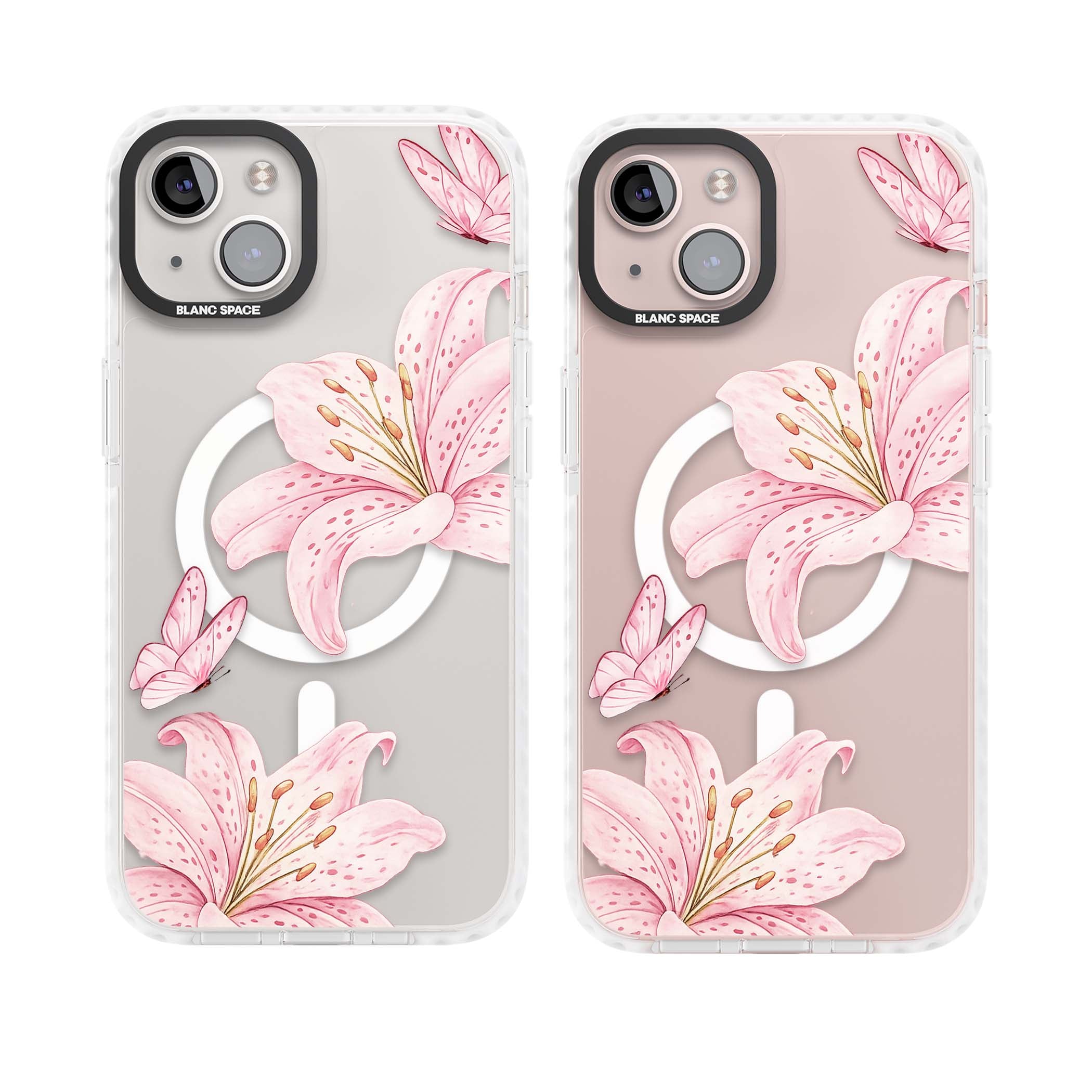 Lily Whisper floral iPhone case featuring pink watercolour lilies and delicate butterflies on a clear background | Impact Magsafe case for iPhone 13, iPhone 14, iPhone 15