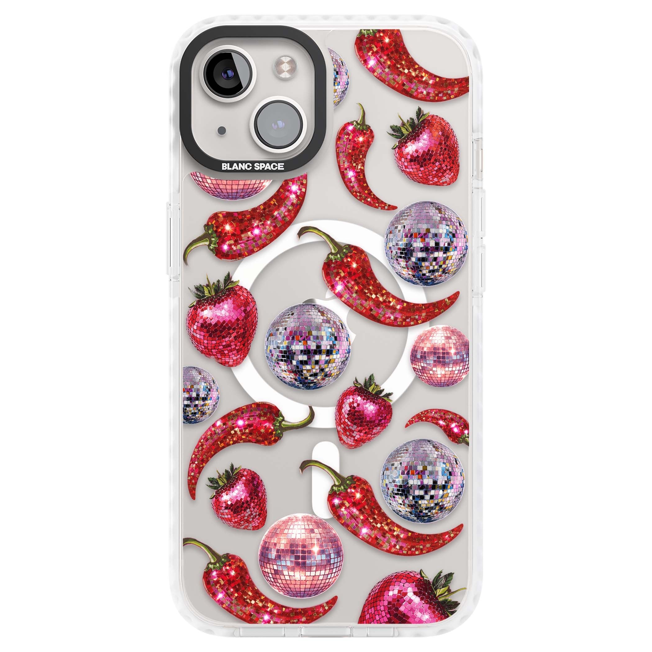 Spicy Disco Y2K iPhone case featuring glitter disco balls, sparkly strawberries and red chilli peppers | Impact Magsafe case for iPhone 13, iPhone 14, iPhone 15