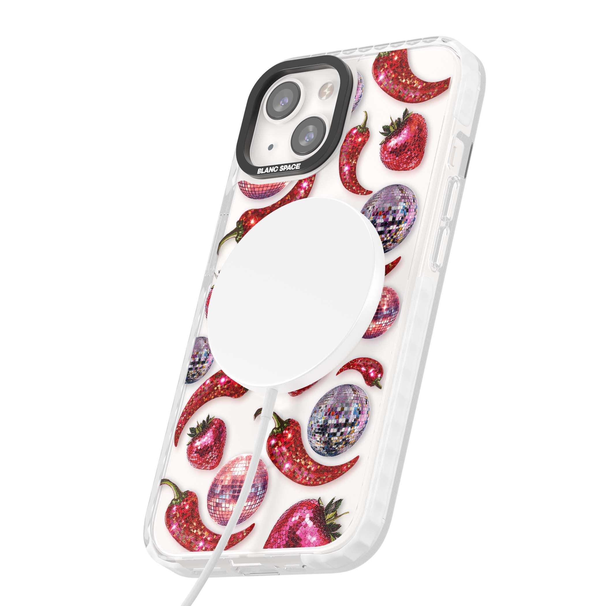 Spicy Disco Y2K iPhone case featuring glitter disco balls, sparkly strawberries and red chilli peppers | Impact Magsafe case for iPhone 13, iPhone 14, iPhone 15