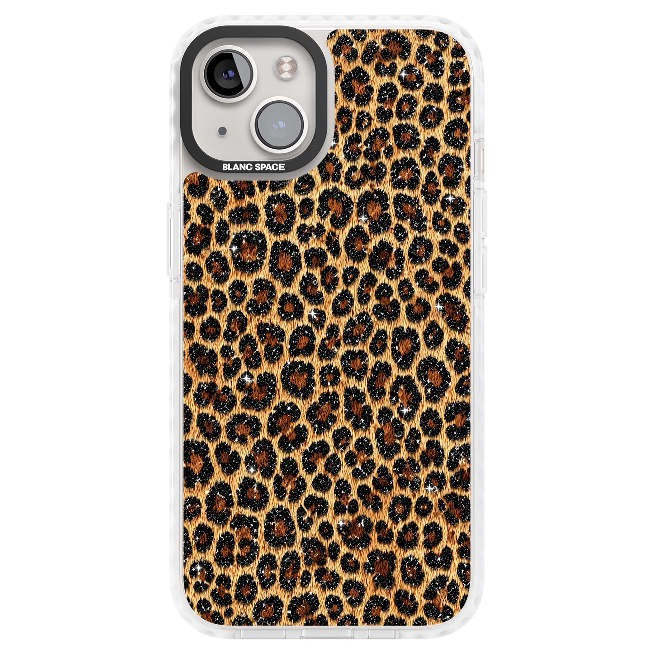 Diamond Leopard leopard print iPhone case featuring golden tan fur, black rosette spots and subtle glitter sparkle | Impact Magsafe case for iPhone 13, iPhone 14, iPhone 15