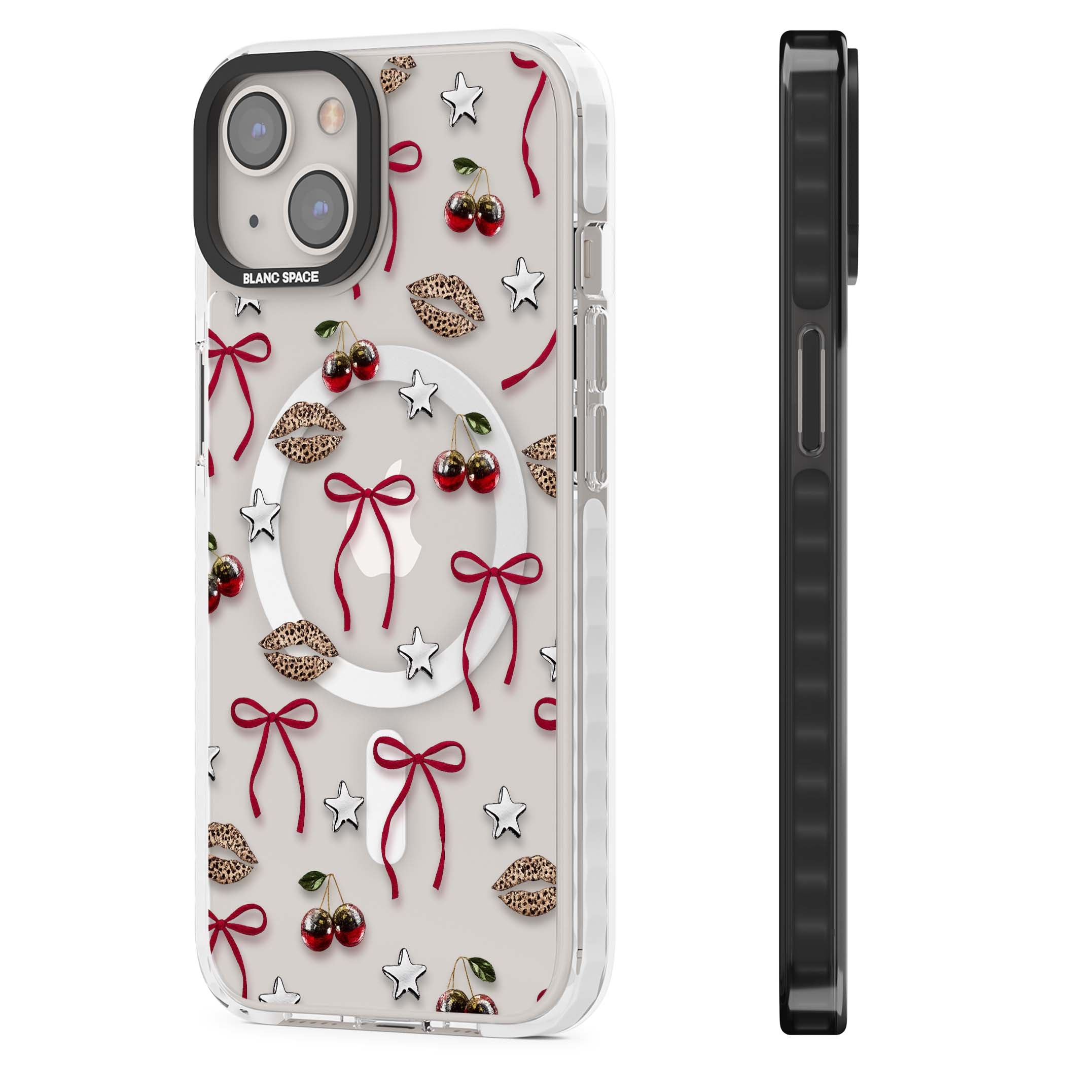 Starlet coquette iPhone case featuring red ribbon bows, disco cherries and leopard-print lips | Impact Magsafe case for iPhone 13, iPhone 14, iPhone 15