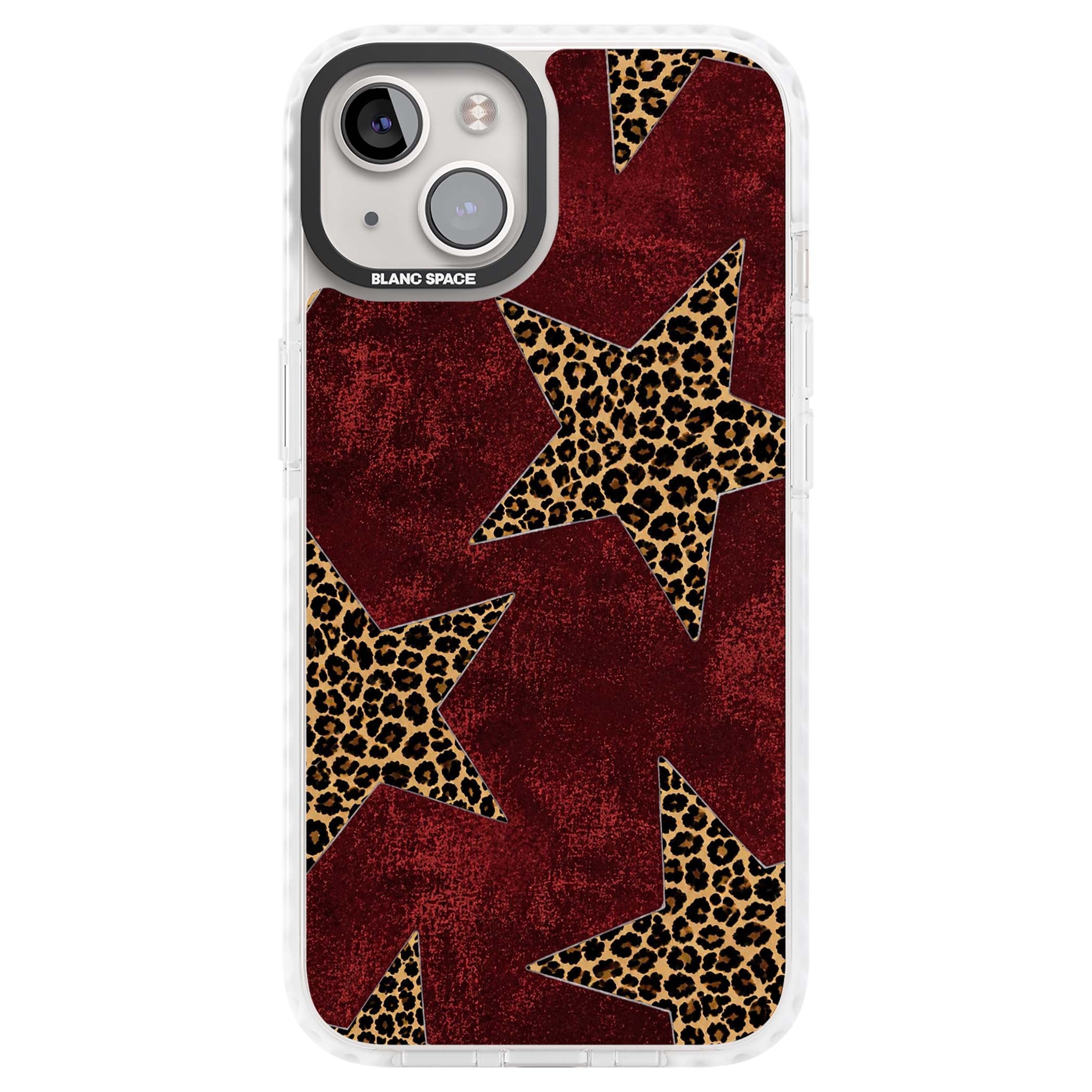 Showgirl leopard print iPhone case featuring cheetah print stars on distressed red grunge background | Impact Magsafe case for iPhone 13, iPhone 14, iPhone 15
