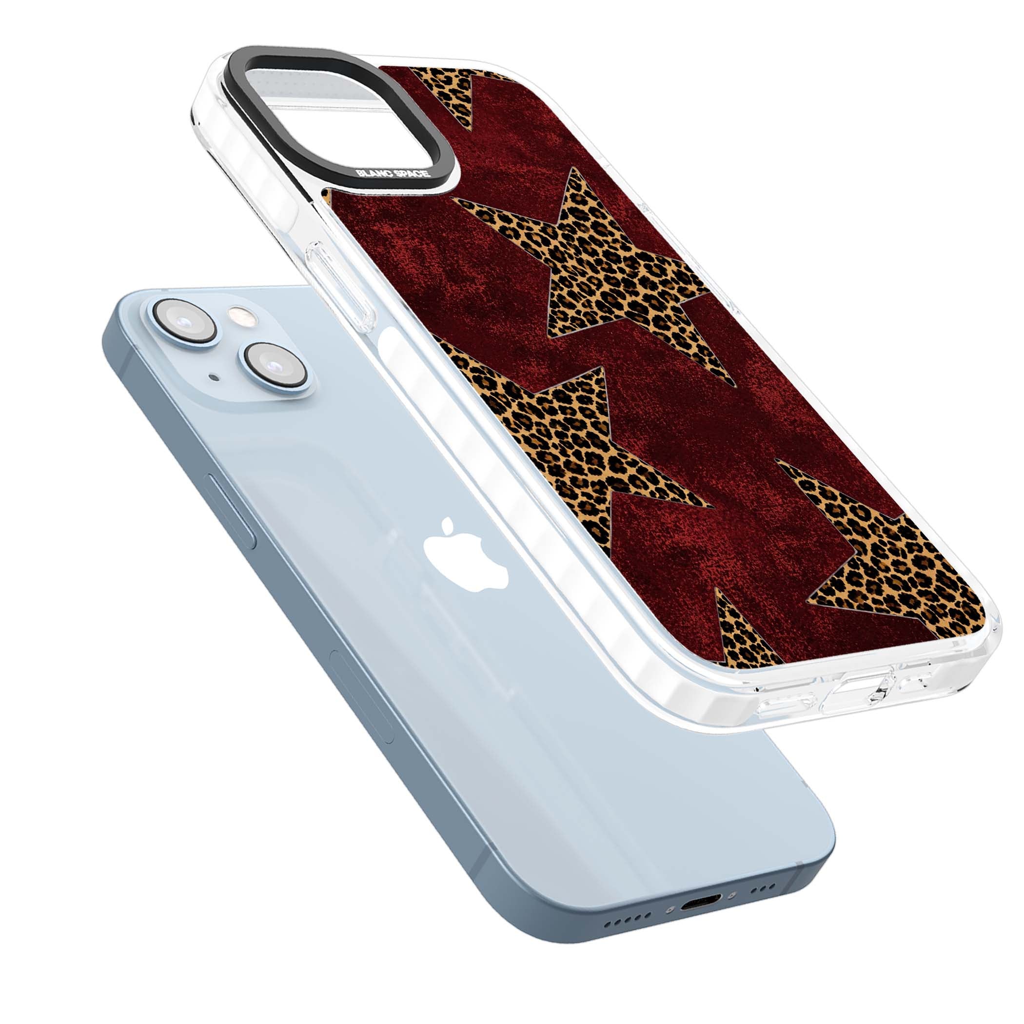Showgirl leopard print iPhone case featuring cheetah print stars on distressed red grunge background | Impact Magsafe case for iPhone 13, iPhone 14, iPhone 15