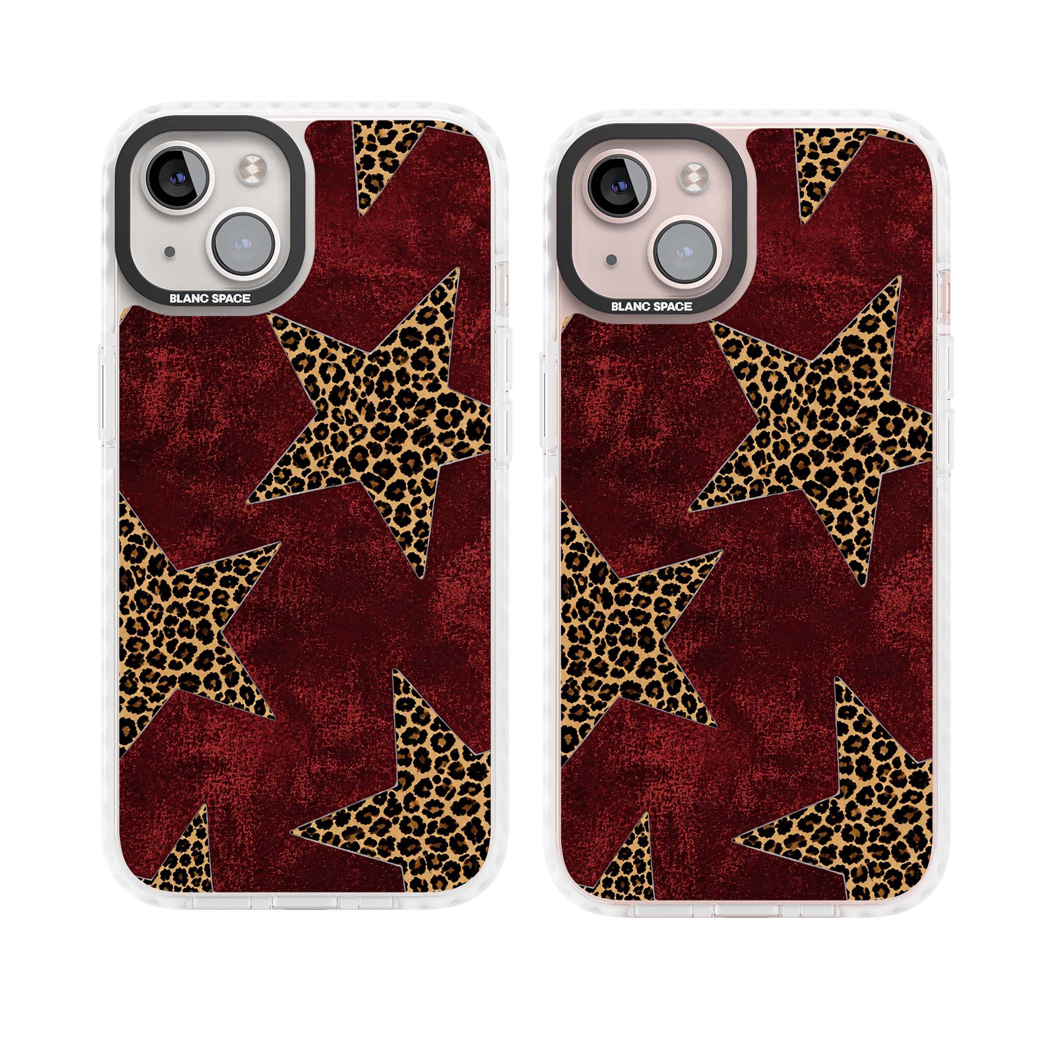 Showgirl leopard print iPhone case featuring cheetah print stars on distressed red grunge background | Impact Magsafe case for iPhone 13, iPhone 14, iPhone 15