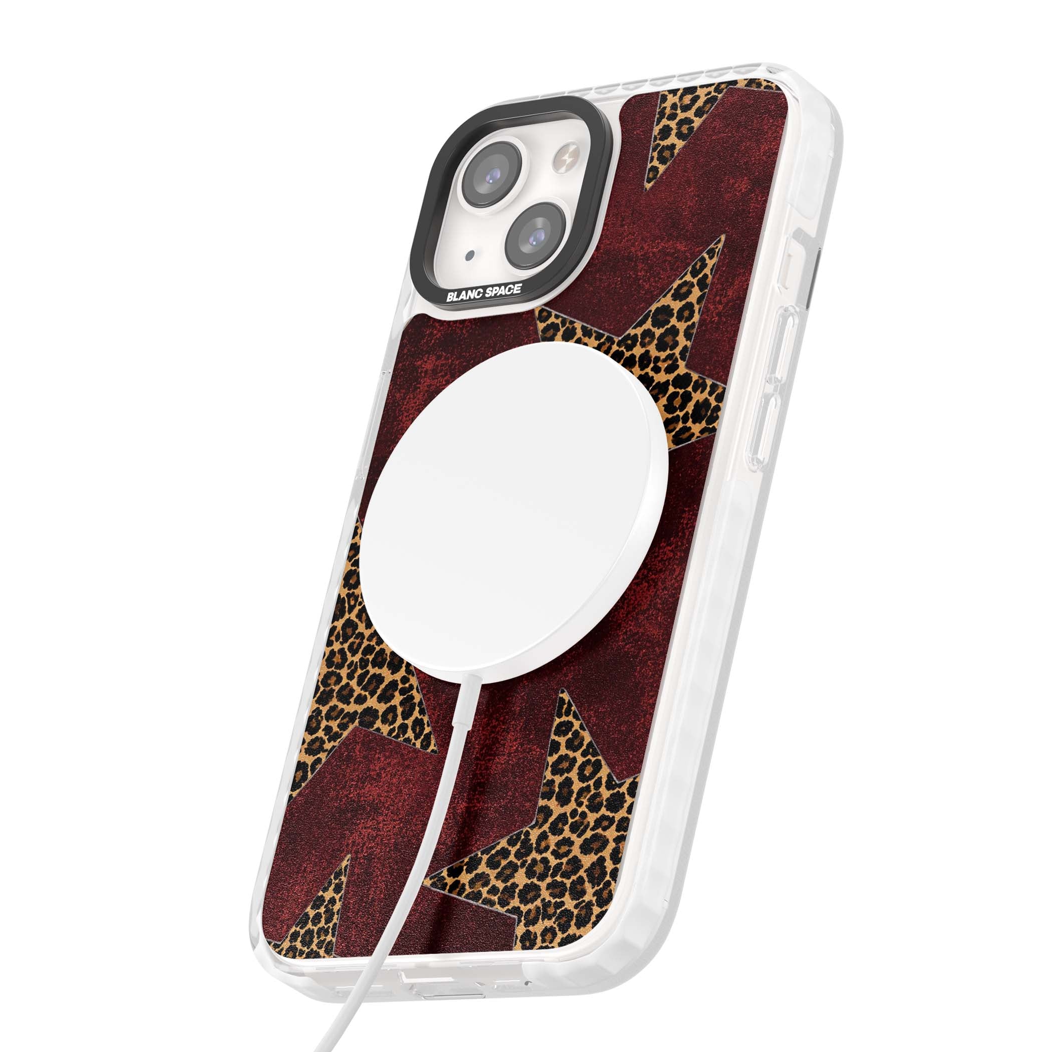 Showgirl leopard print iPhone case featuring cheetah print stars on distressed red grunge background | Impact Magsafe case for iPhone 13, iPhone 14, iPhone 15