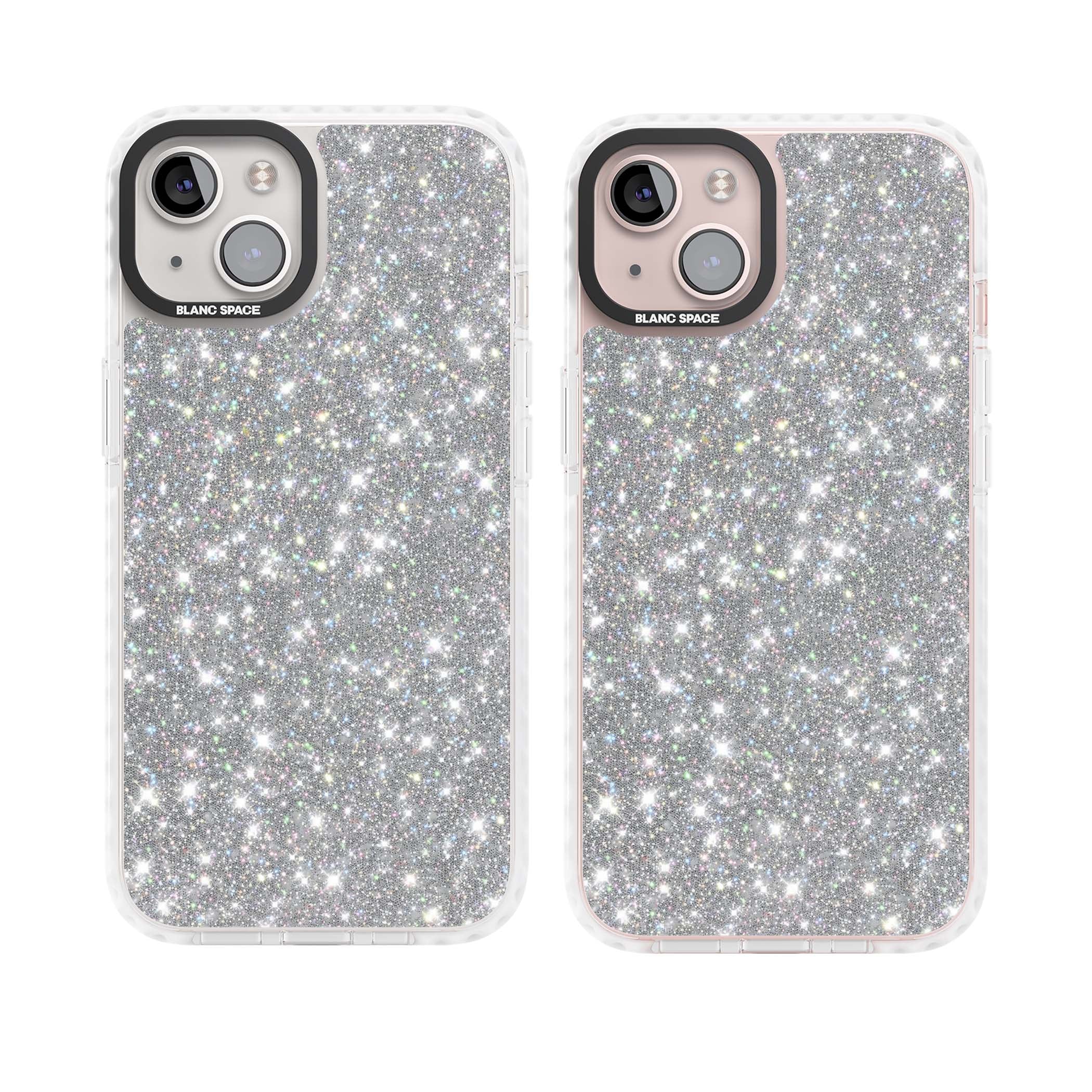 Diamond glam iPhone case featuring silver glitter sparkle and shimmering diamond dust effect | Impact Magsafe case for iPhone 13, iPhone 14, iPhone 15