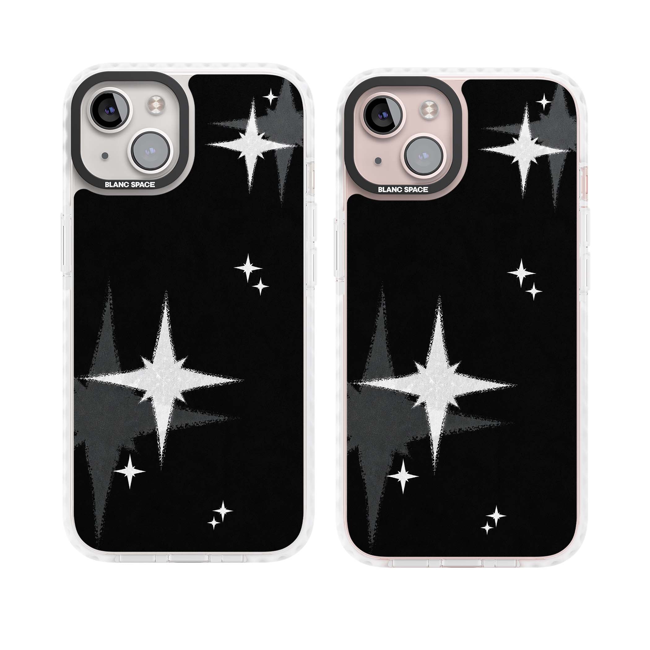 Black Sparkle celestial iPhone case featuring white sparkle stars on a black night sky background | Impact Magsafe case for iPhone 13, iPhone 14, iPhone 15