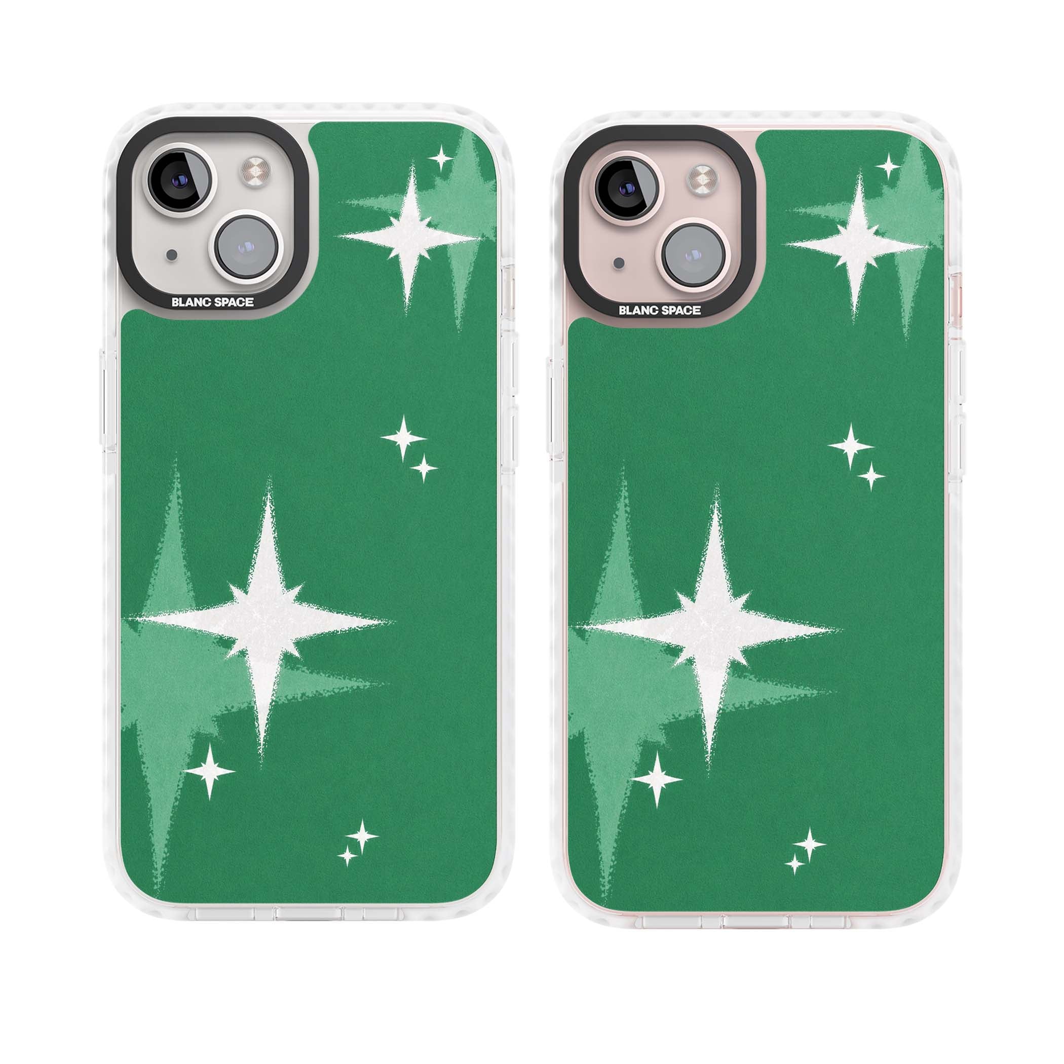 Green Sparkle celestial iPhone case featuring sparkling white four-point stars on a deep green background | Impact Magsafe case for iPhone 13, iPhone 14, iPhone 15