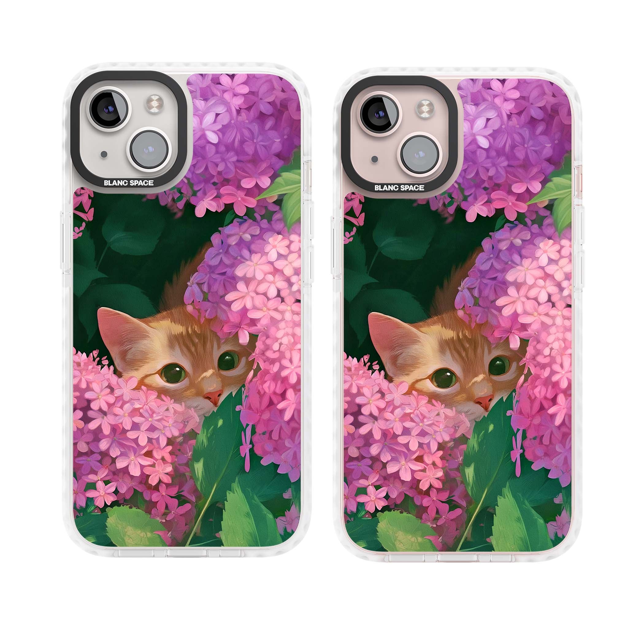 Cat In Pink Flowers cottagecore iPhone case featuring a ginger kitten peeking through lilac and pink hydrangea flo | Impact Magsafe case for iPhone 13, iPhone 14, iPhone 15