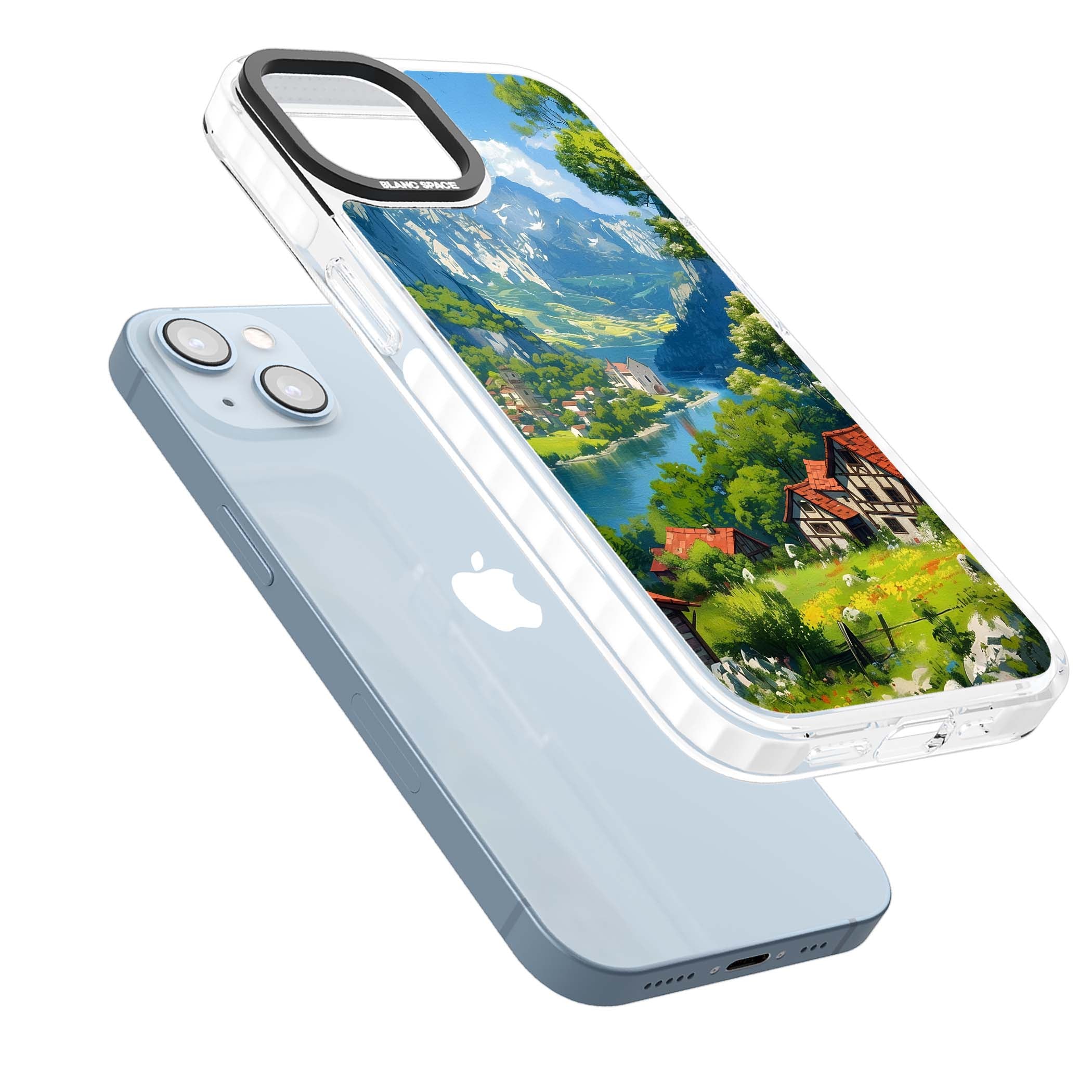 Village In The Valley anime iPhone case featuring a painted mountain village, river valley and half-timbered cottages. | Impact Magsafe case for iPhone 13, iPhone 14, iPhone 15