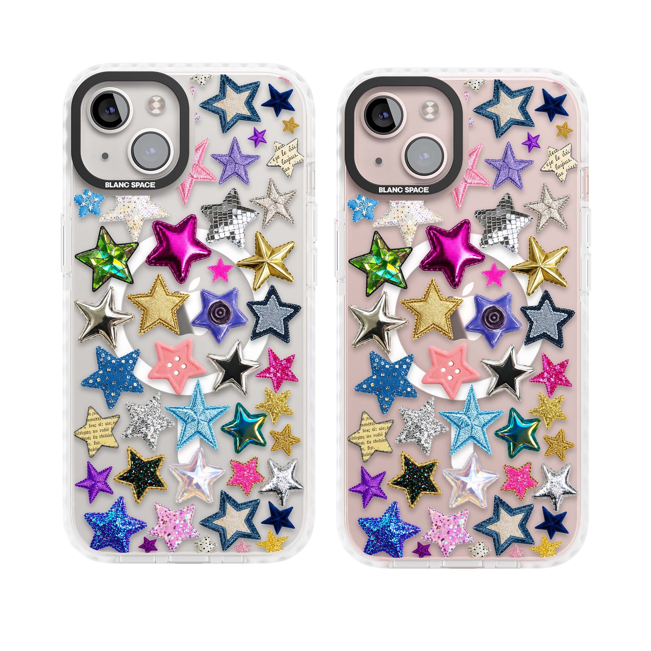 Crafty Star Mix Y2K iPhone case featuring embroidered, sequinned and glitter star patches in rainbow colours | Impact Magsafe case for iPhone 13, iPhone 14, iPhone 15