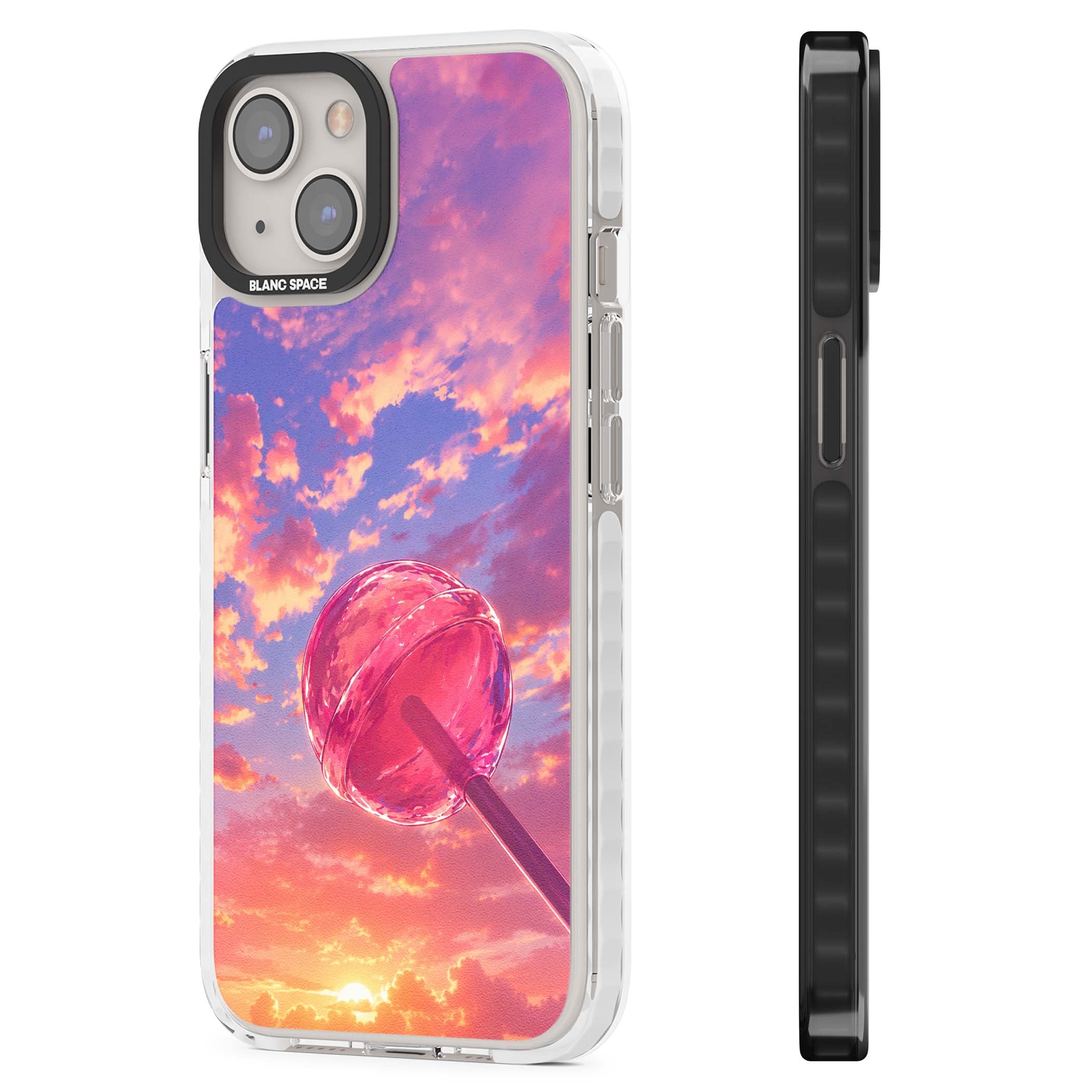 Sugar Sunset candy aesthetic iPhone case featuring a pink lollipop, pastel sunset sky and dreamy clouds | Impact Magsafe case for iPhone 13, iPhone 14, iPhone 15