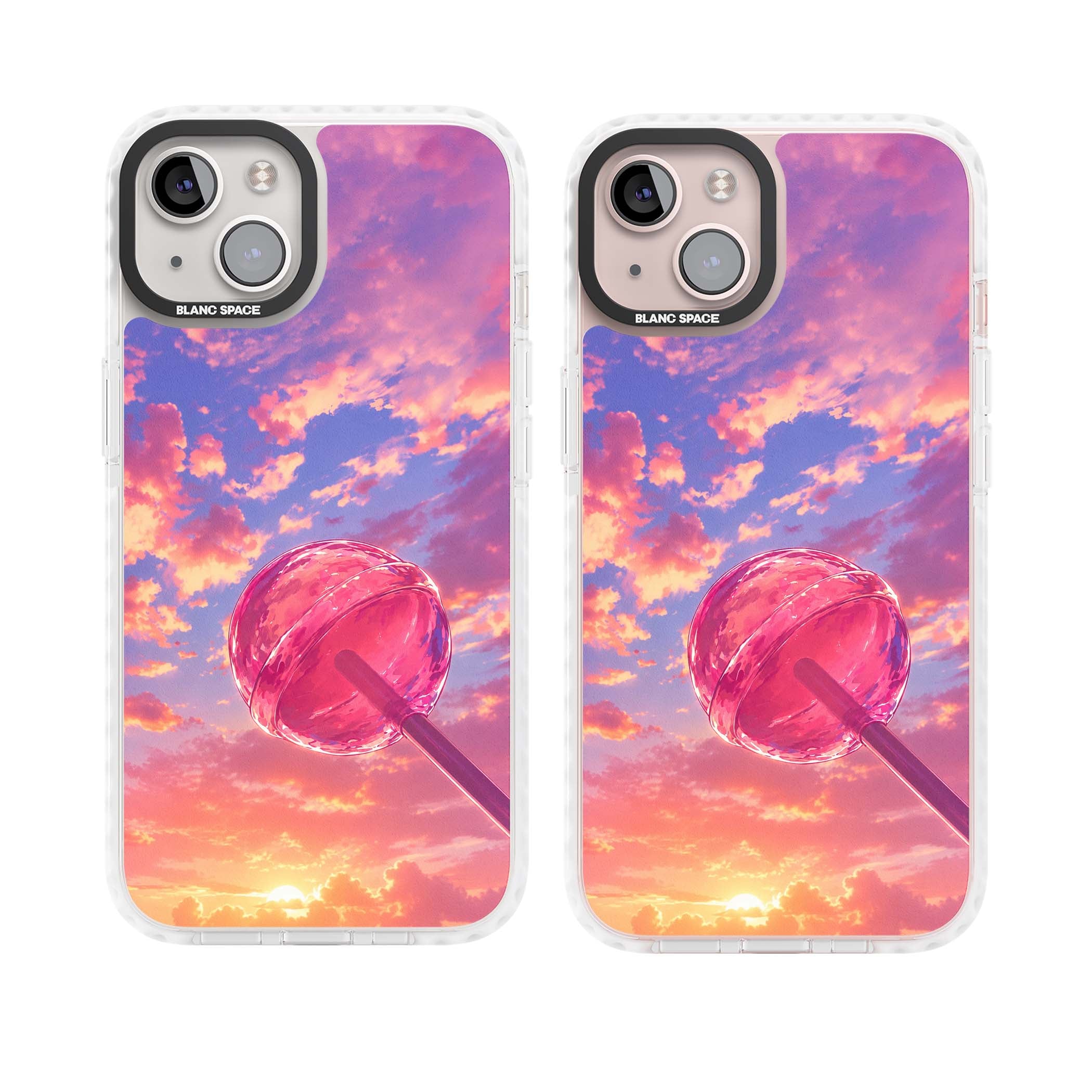 Sugar Sunset candy aesthetic iPhone case featuring a pink lollipop, pastel sunset sky and dreamy clouds | Impact Magsafe case for iPhone 13, iPhone 14, iPhone 15