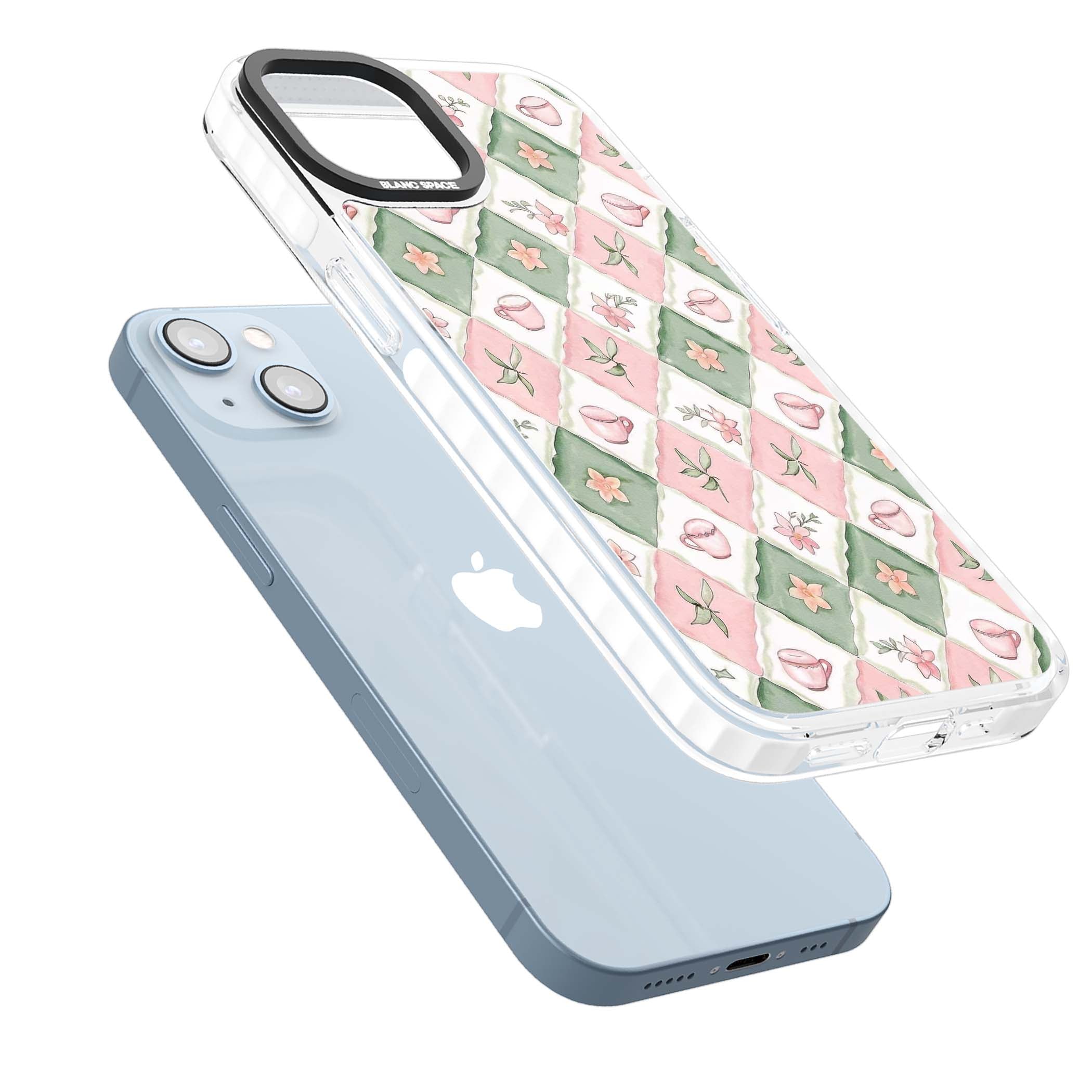 Garden Tea Party coquette iPhone case with pink and green checkered pattern, watercolour teacups and wildflowers | Impact Magsafe case for iPhone 13, iPhone 14, iPhone 15