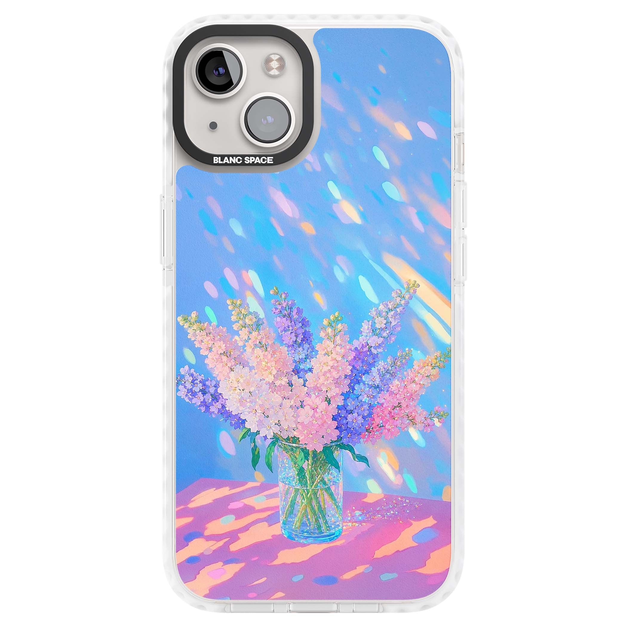 Bubblegum Flowers floral iPhone case featuring pastel lilac and pink bouquet in a glass vase with iridescent light | Impact Magsafe case for iPhone 13, iPhone 14, iPhone 15