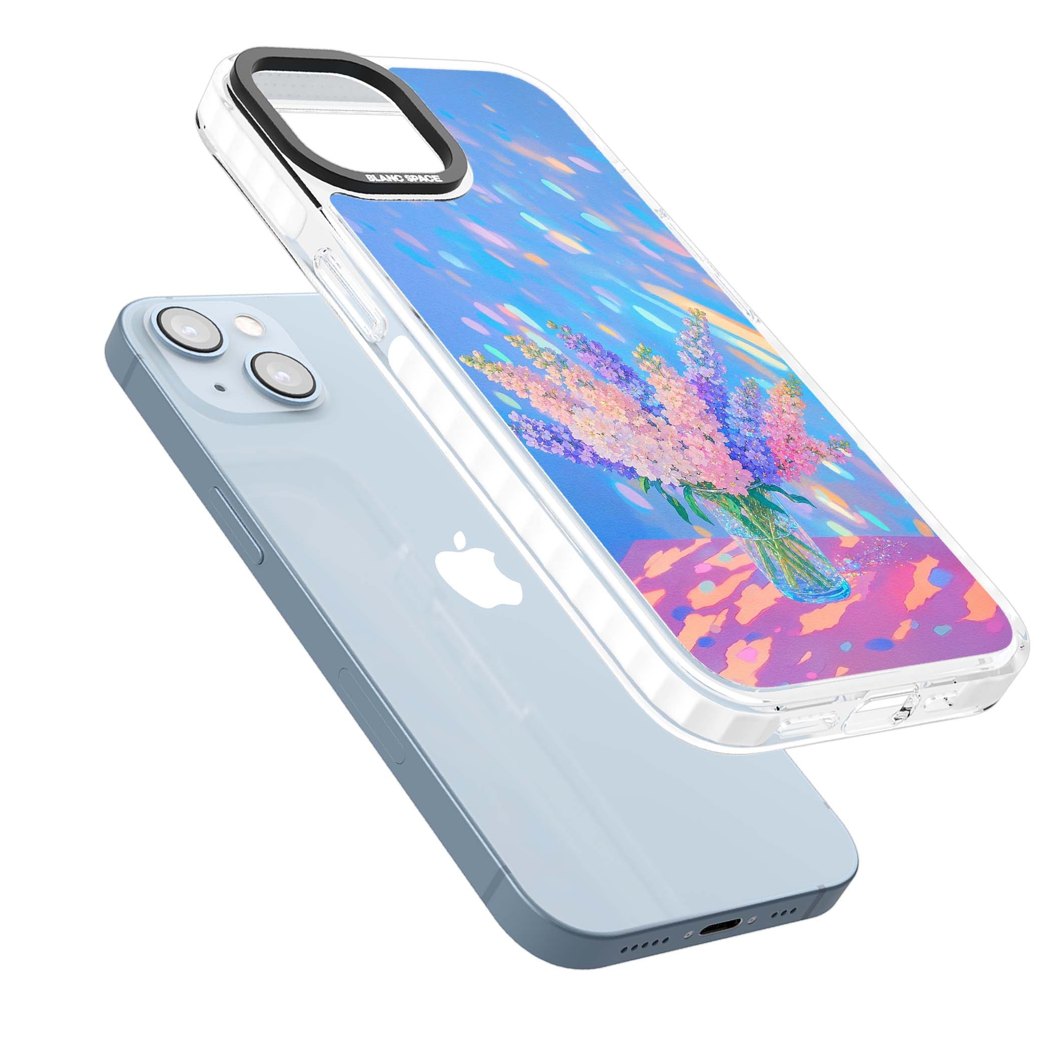 Bubblegum Flowers floral iPhone case featuring pastel lilac and pink bouquet in a glass vase with iridescent light | Impact Magsafe case for iPhone 13, iPhone 14, iPhone 15