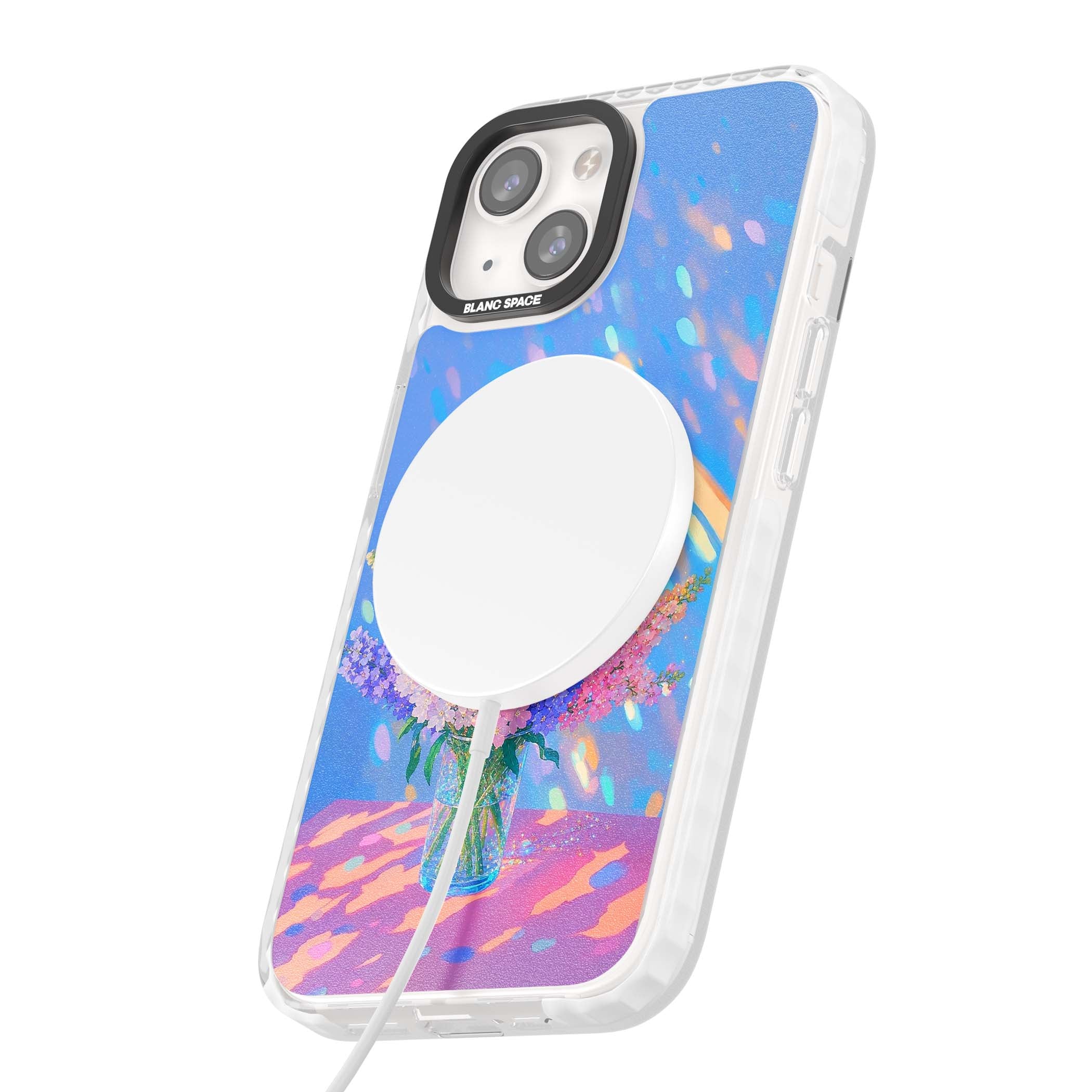 Bubblegum Flowers floral iPhone case featuring pastel lilac and pink bouquet in a glass vase with iridescent light | Impact Magsafe case for iPhone 13, iPhone 14, iPhone 15