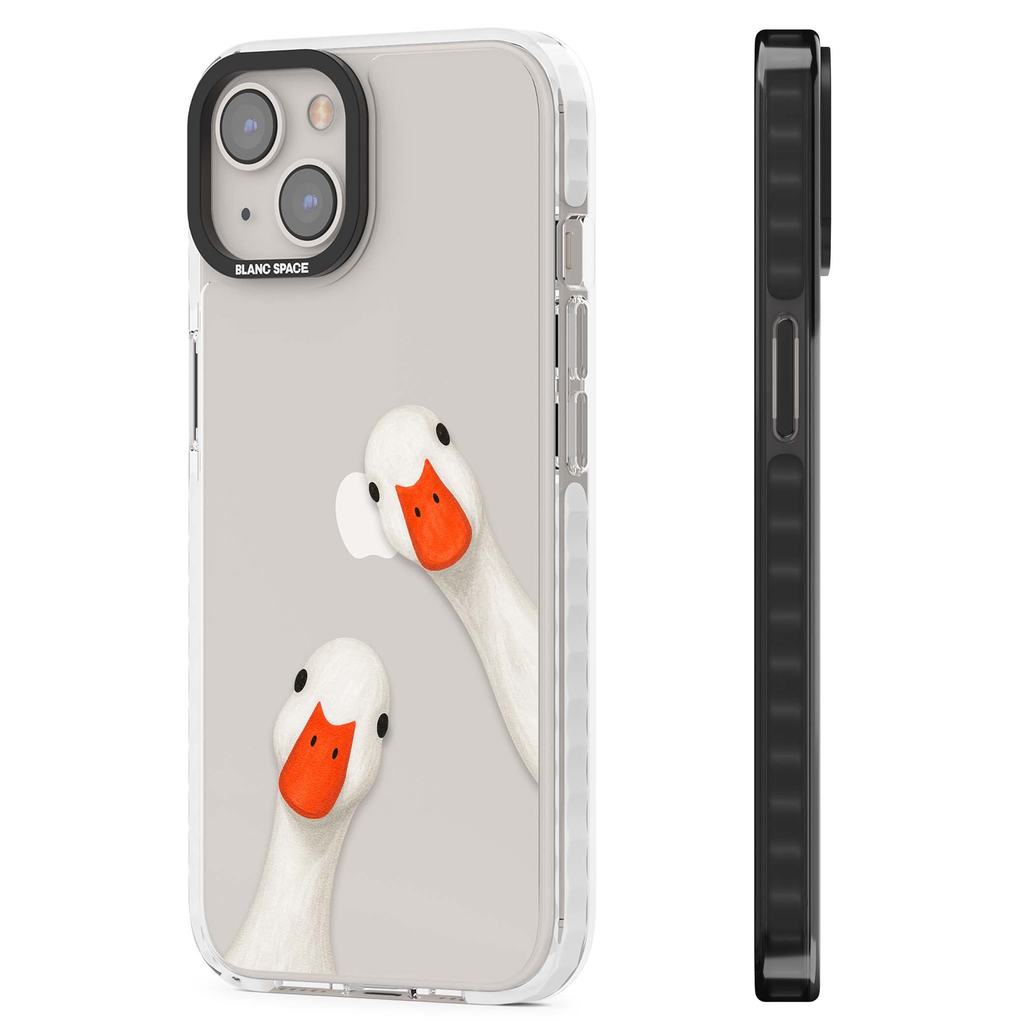 Nosy Ducks cottagecore iPhone case featuring two peeking white ducks with orange beaks on a clear background | Clear Impact case for iPhone 13, iPhone 14, iPhone 15