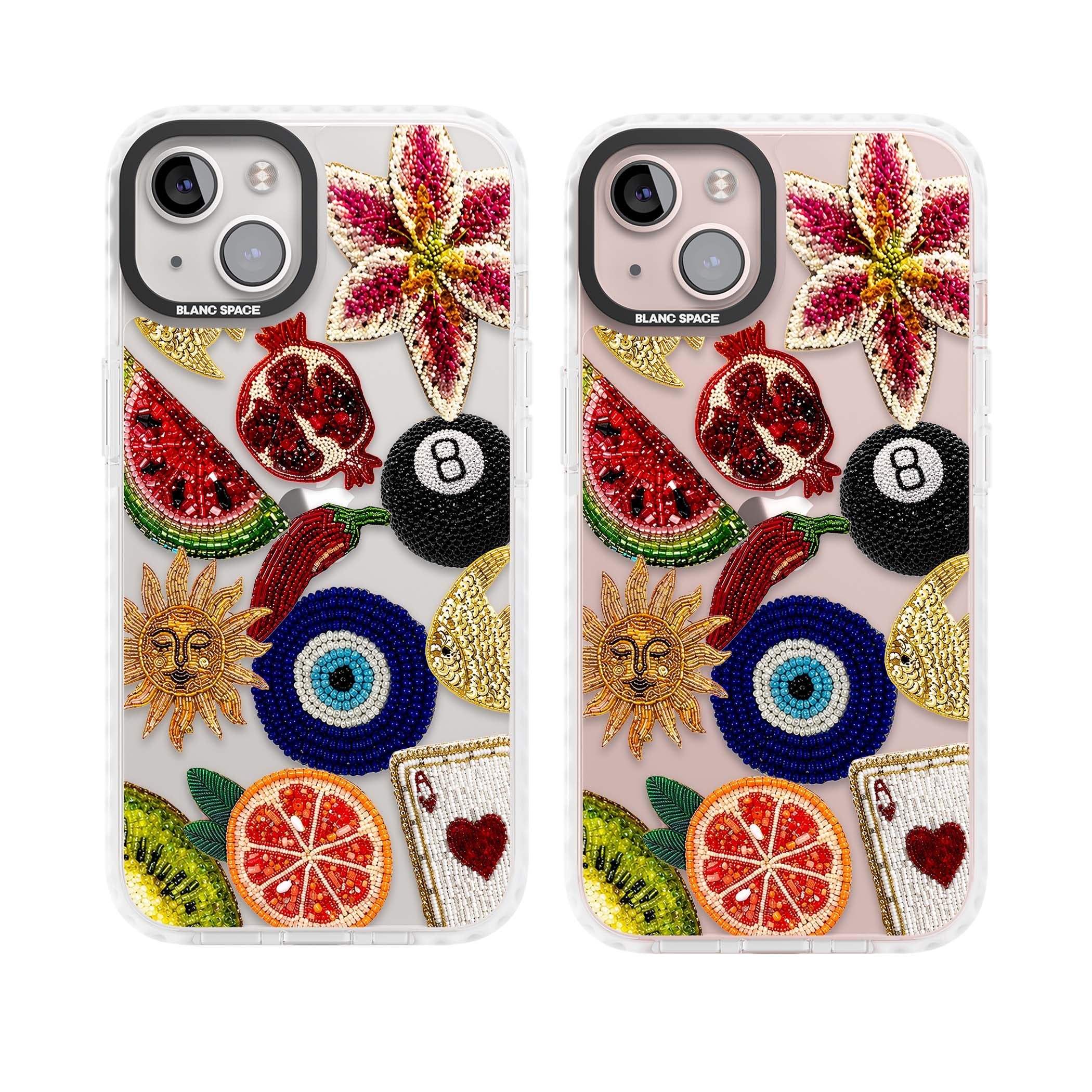 Beaded Charms embroidery iPhone case featuring beaded evil eye, fruit patches and a golden sun motif | Clear Impact case for iPhone 13, iPhone 14, iPhone 15
