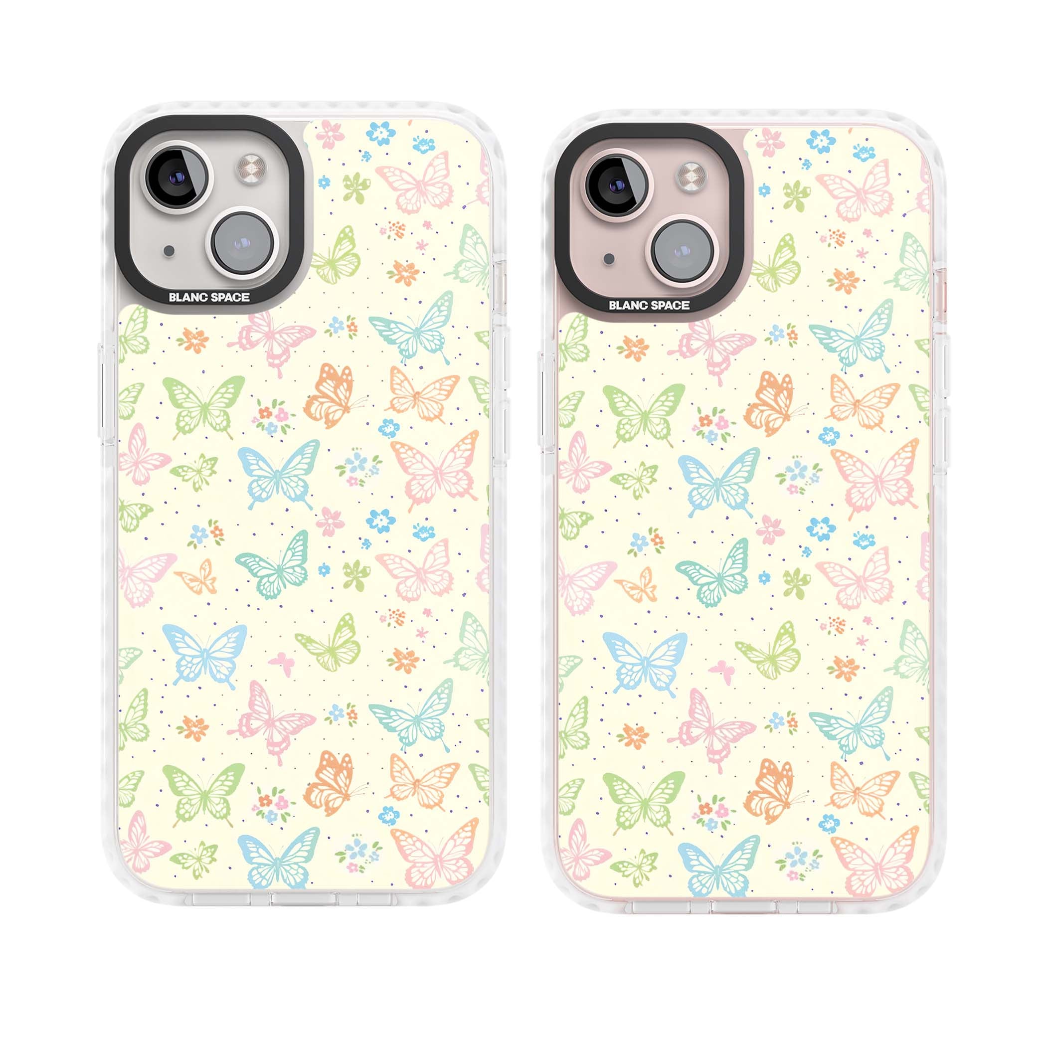 Sugar Wings cottagecore iPhone case featuring rainbow pastel butterflies, tiny wildflowers, and a cream background | Clear Impact case for iPhone 13, iPhone 14, iPhone 15