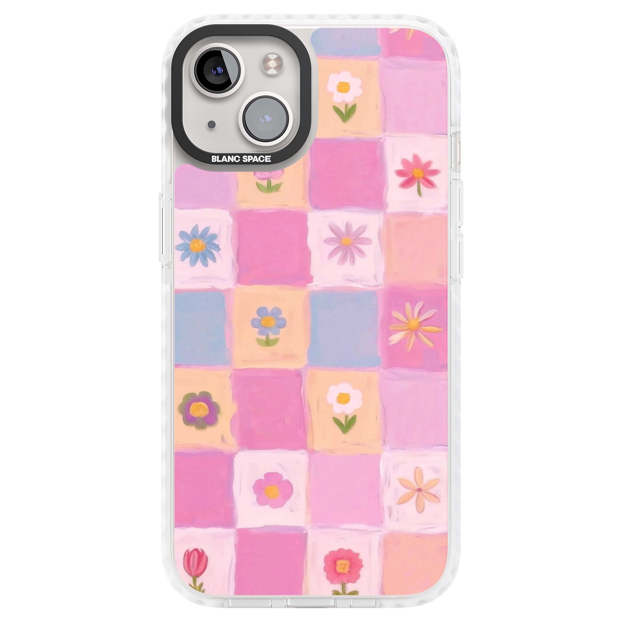 Pastel Flower Patchwork cottagecore iPhone case featuring painted pink and lilac squares with daisies and wildflowers | Clear Impact case for iPhone 13, iPhone 14, iPhone 15