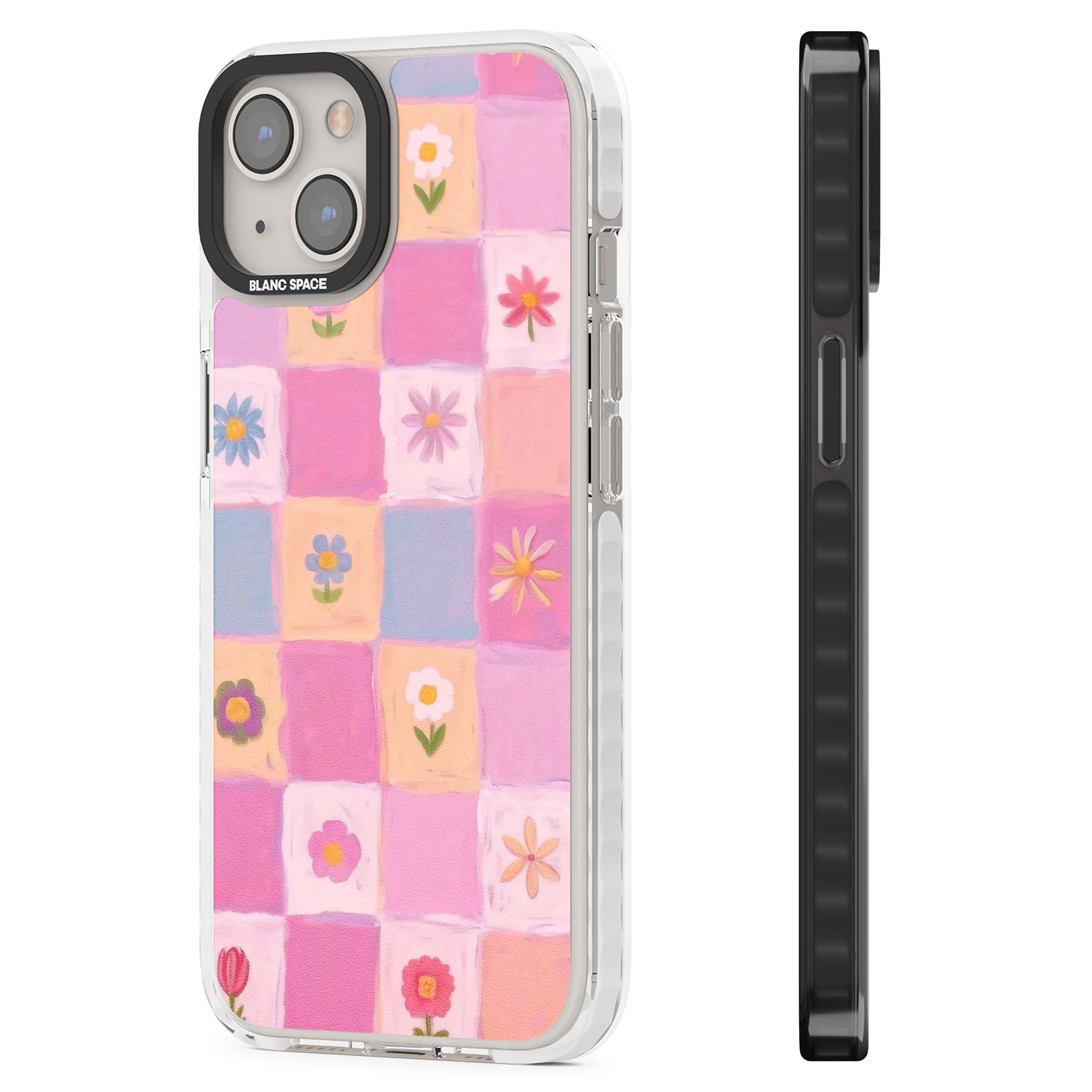 Pastel Flower Patchwork cottagecore iPhone case featuring painted pink and lilac squares with daisies and wildflowers | Clear Impact case for iPhone 13, iPhone 14, iPhone 15