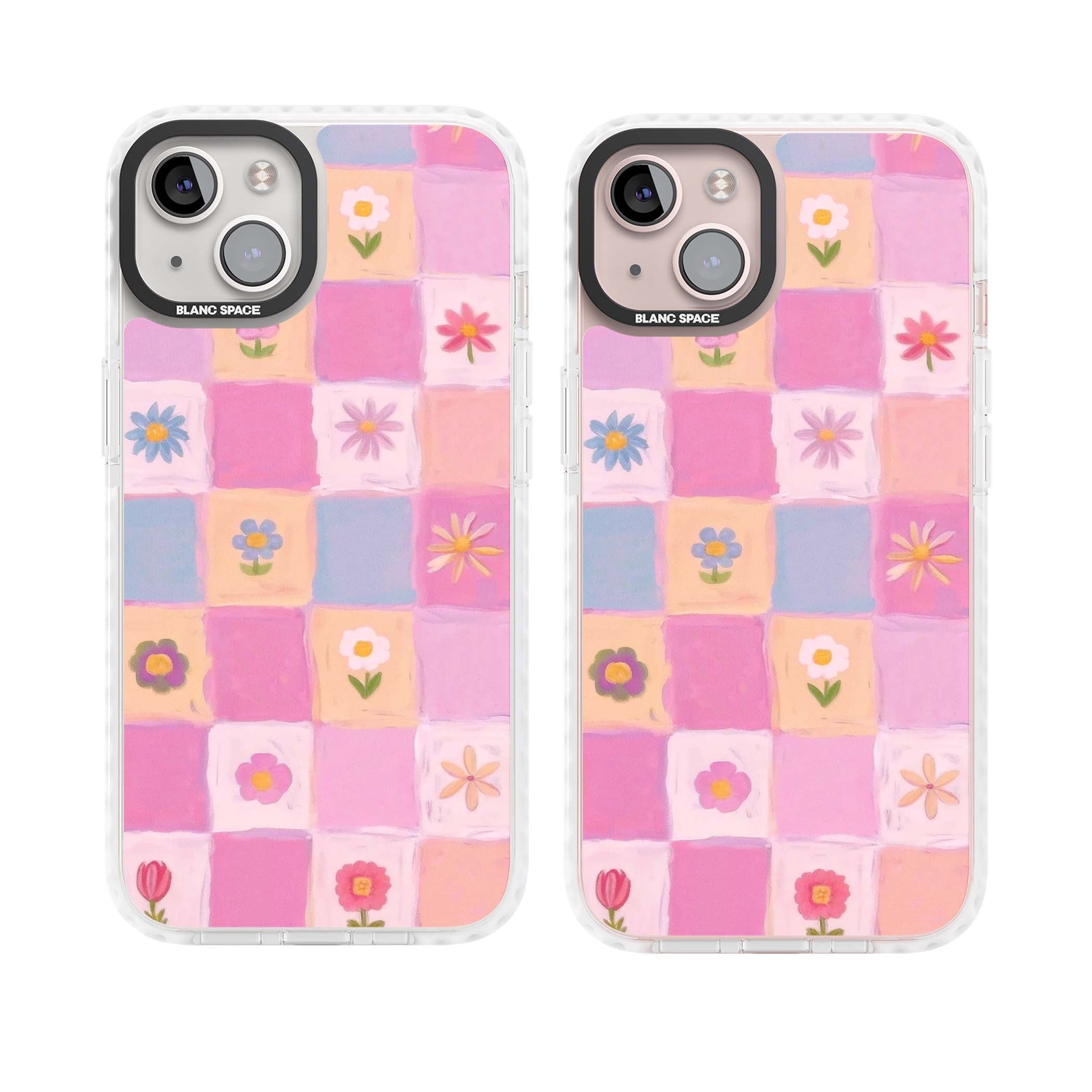 Pastel Flower Patchwork cottagecore iPhone case featuring painted pink and lilac squares with daisies and wildflowers | Clear Impact case for iPhone 13, iPhone 14, iPhone 15