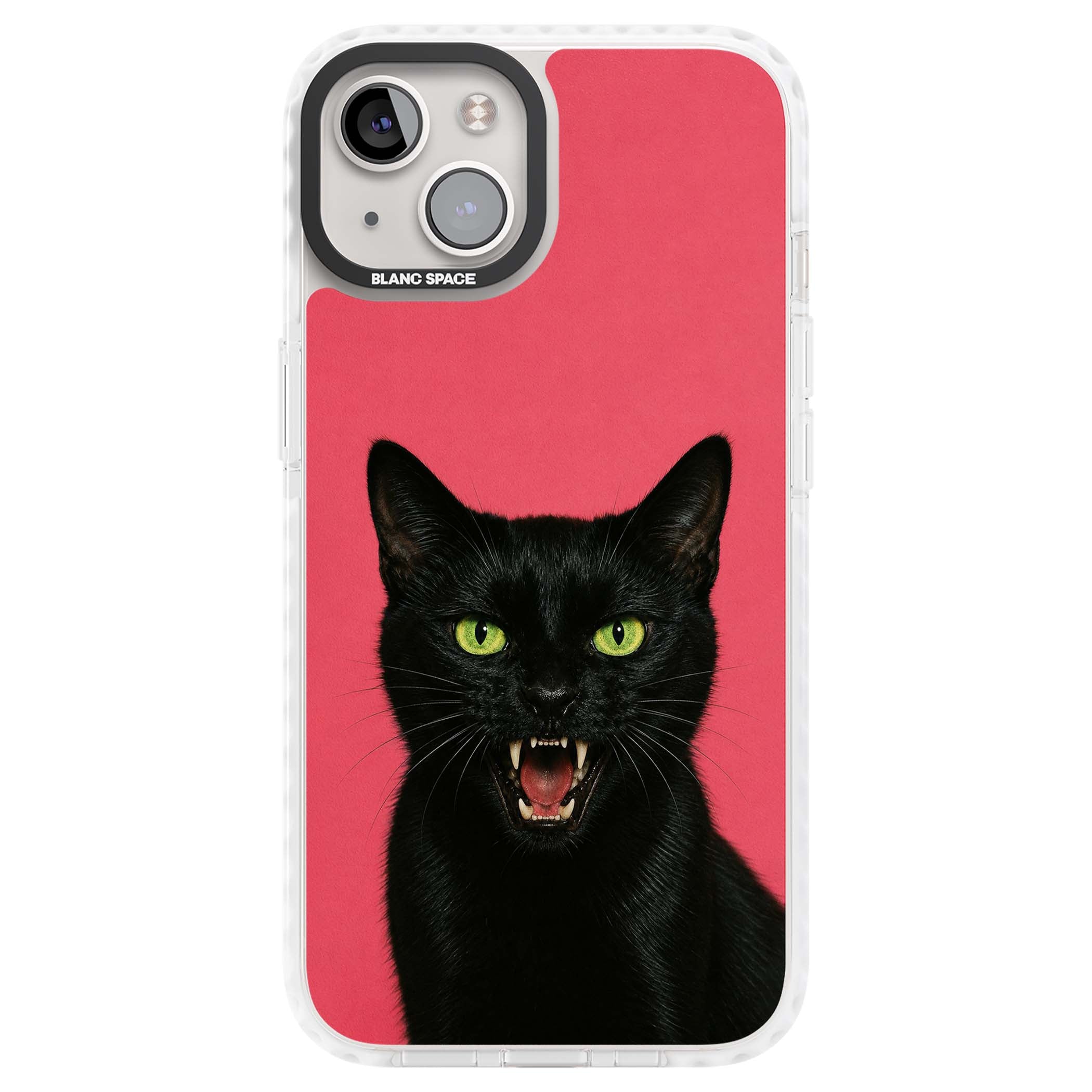 Hissin' Baddie black cat iPhone case featuring a hissing feline with green eyes on a hot pink background | Clear Impact case for iPhone 13, iPhone 14, iPhone 15