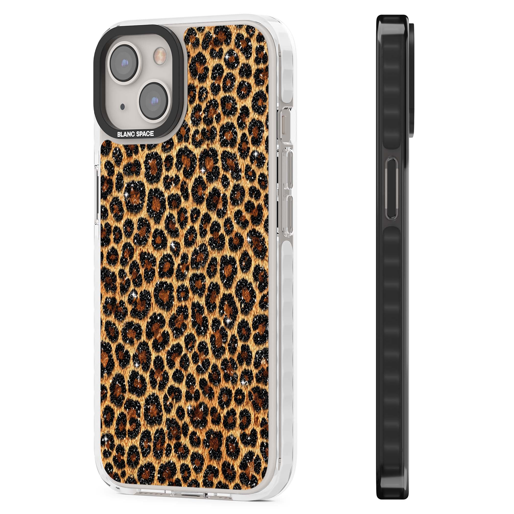 Diamond Leopard leopard print iPhone case featuring golden tan fur, black rosette spots and subtle glitter sparkle | Clear Impact case for iPhone 13, iPhone 14, iPhone 15