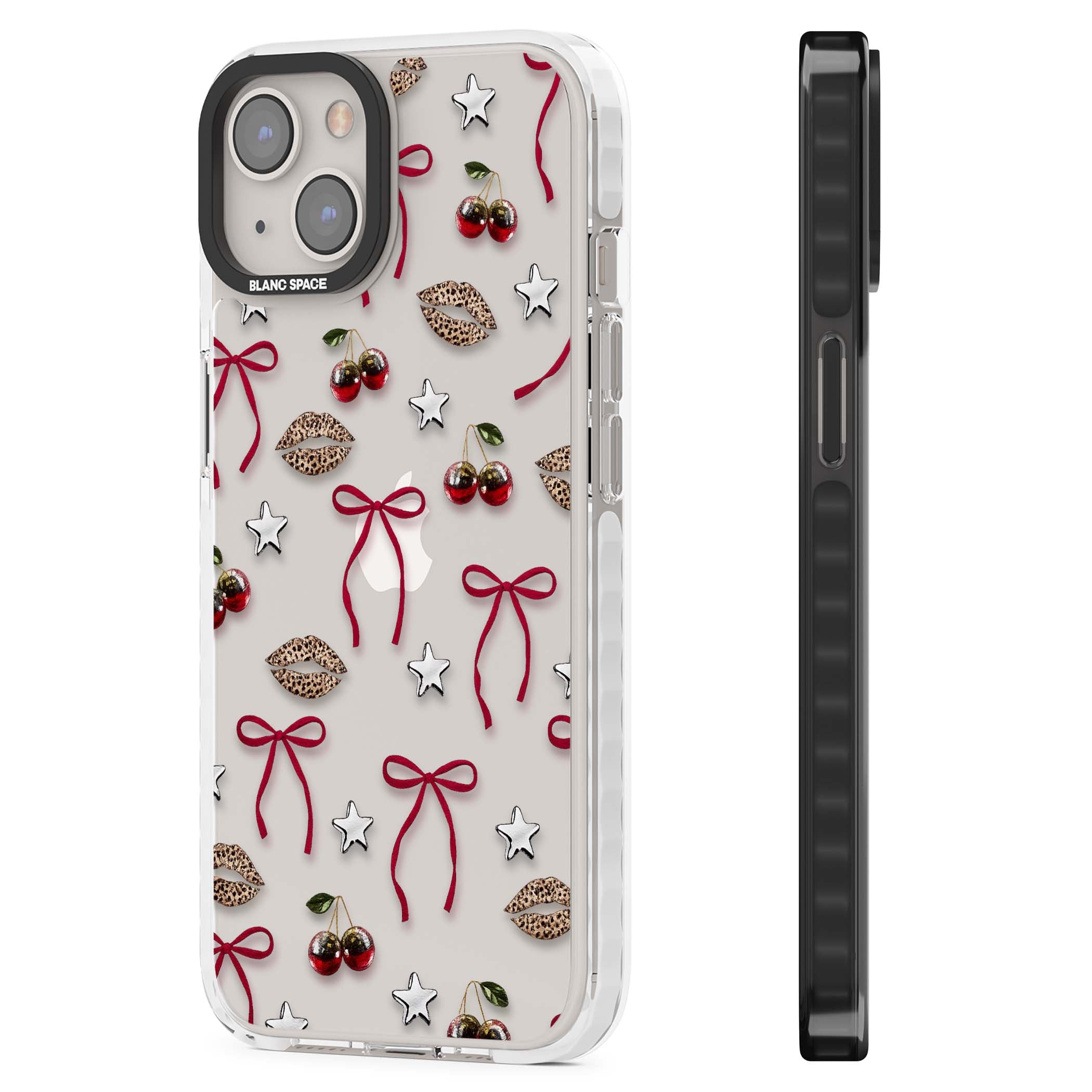 Starlet coquette iPhone case featuring red ribbon bows, disco cherries and leopard-print lips | Clear Impact case for iPhone 13, iPhone 14, iPhone 15