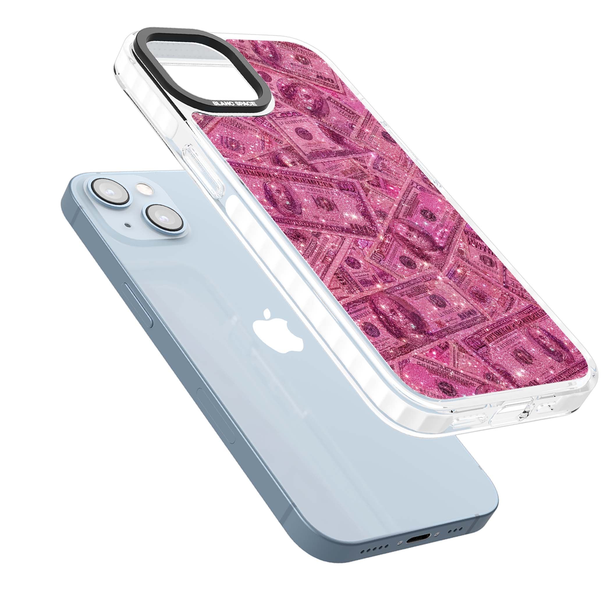 Glamorous baddie iPhone case featuring pink glitter hundred dollar bills and sparkling money wallpaper design | Clear Impact case for iPhone 13, iPhone 14, iPhone 15