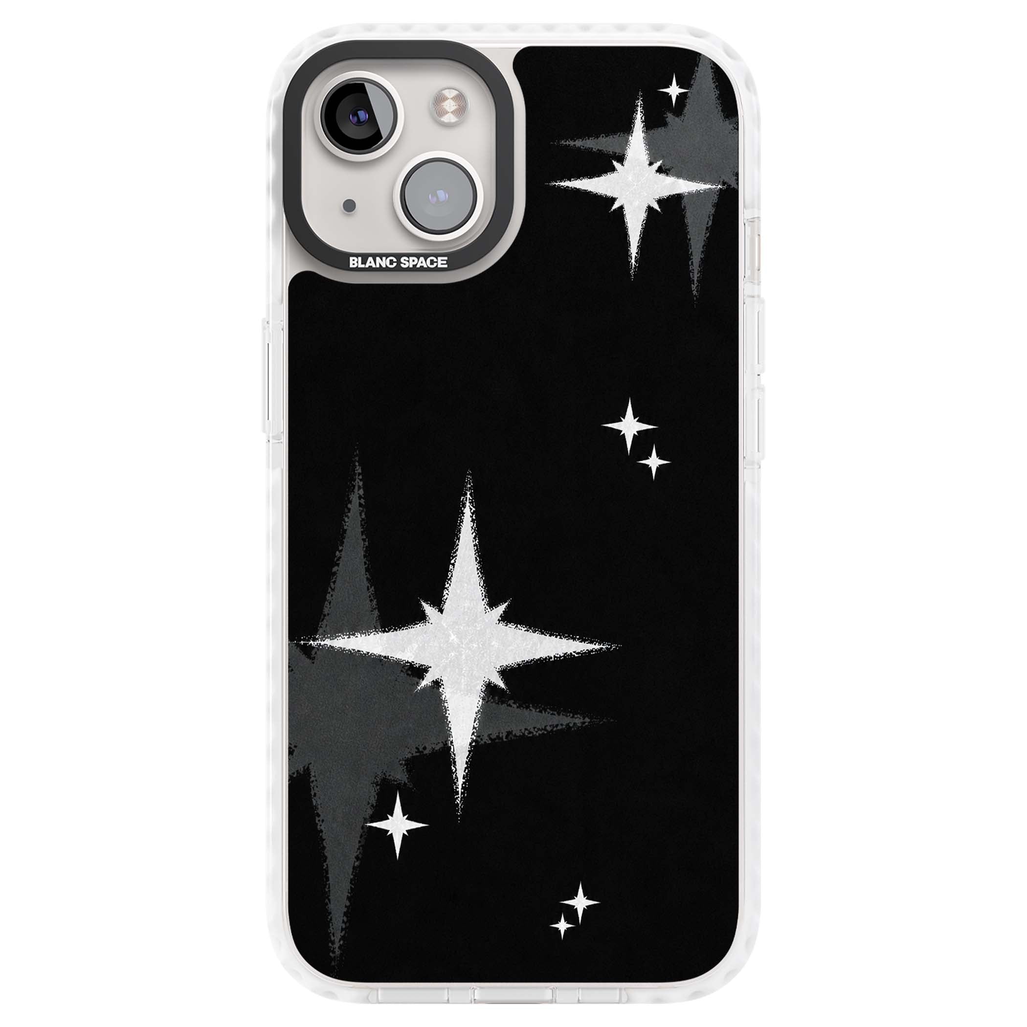 Black Sparkle celestial iPhone case featuring white sparkle stars on a black night sky background | Clear Impact case for iPhone 13, iPhone 14, iPhone 15