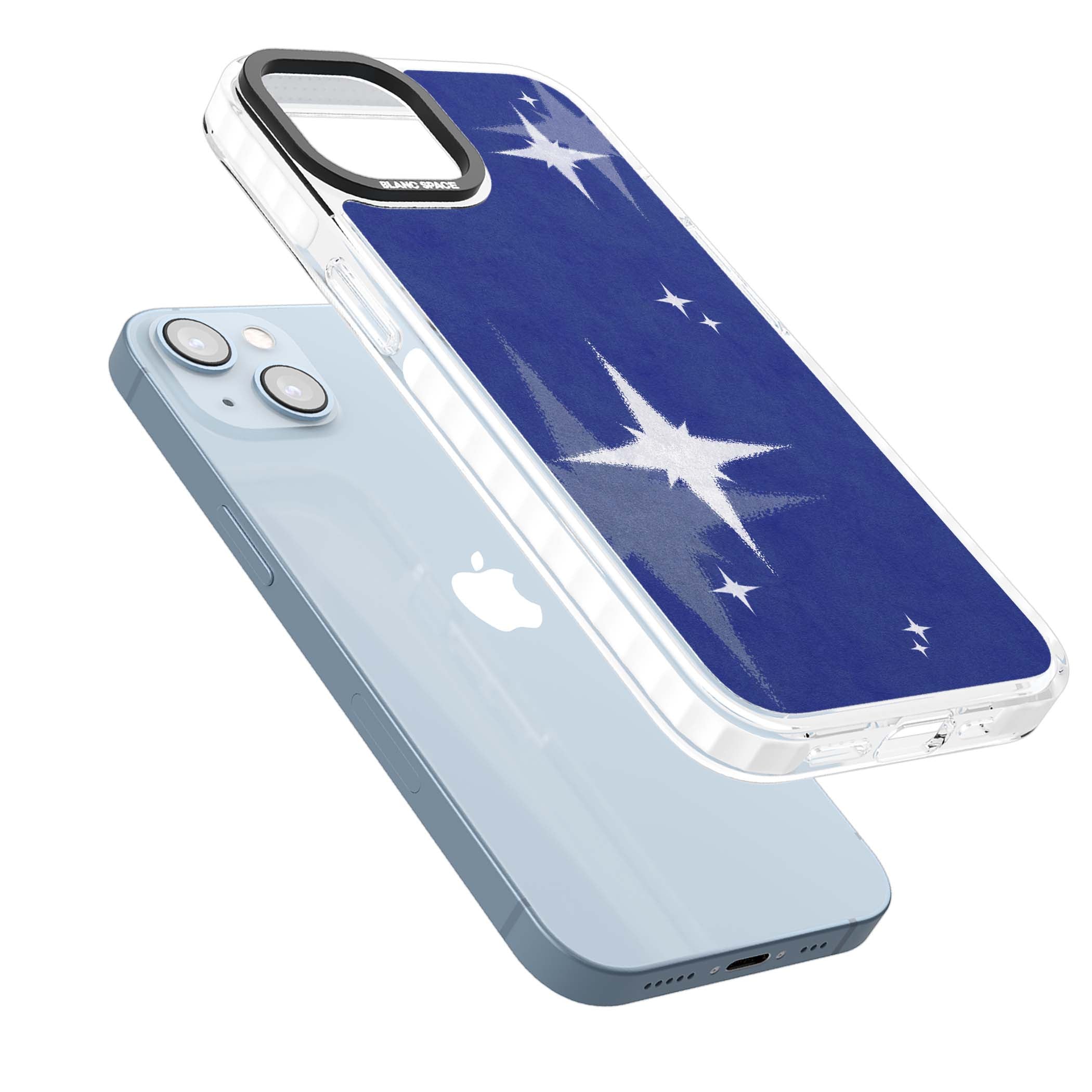 Blue Sparkle celestial iPhone case featuring sparkling silver stars on a deep blue painterly night sky | Clear Impact case for iPhone 13, iPhone 14, iPhone 15
