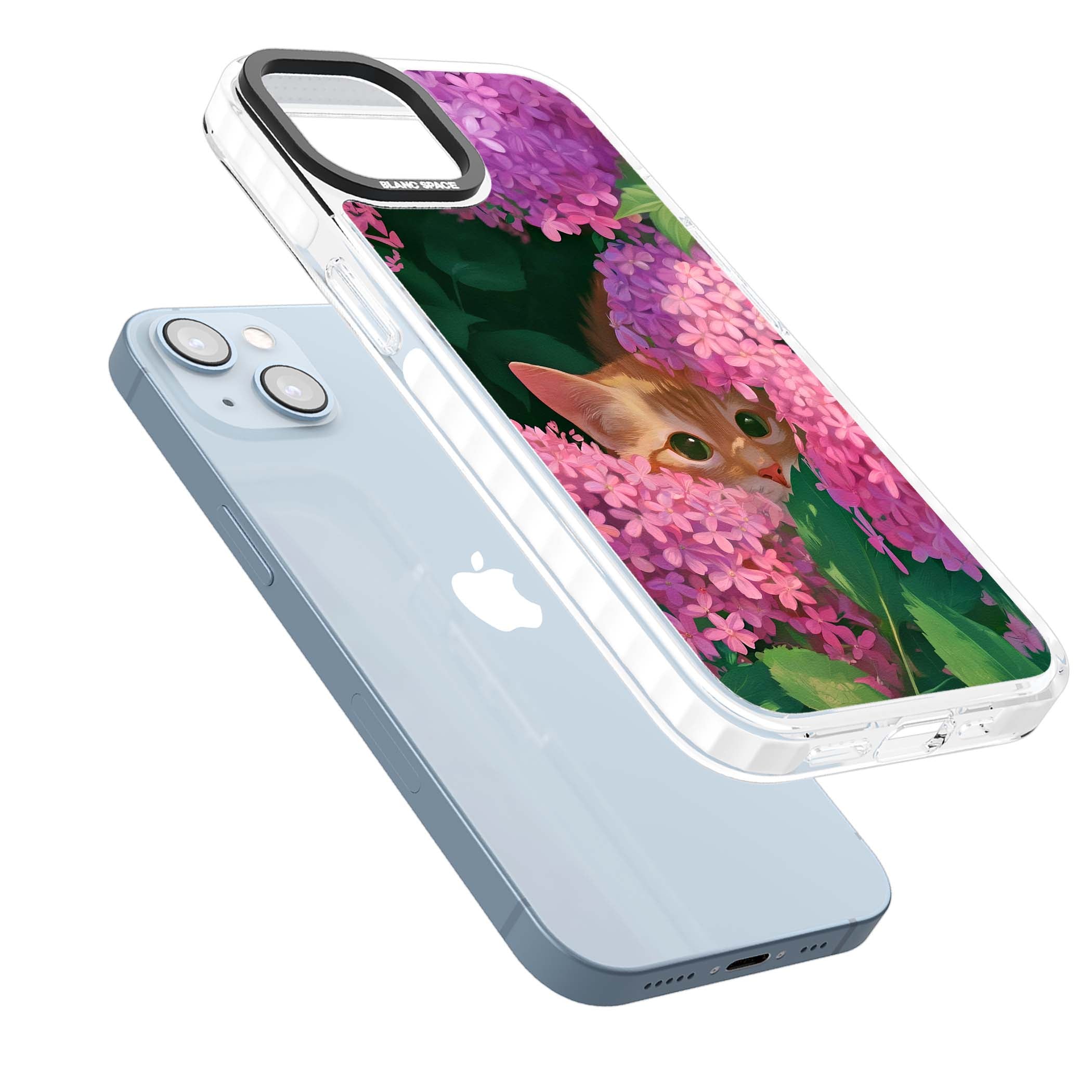 Cat In Pink Flowers cottagecore iPhone case featuring a ginger kitten peeking through lilac and pink hydrangea flo | Clear Impact case for iPhone 13, iPhone 14, iPhone 15
