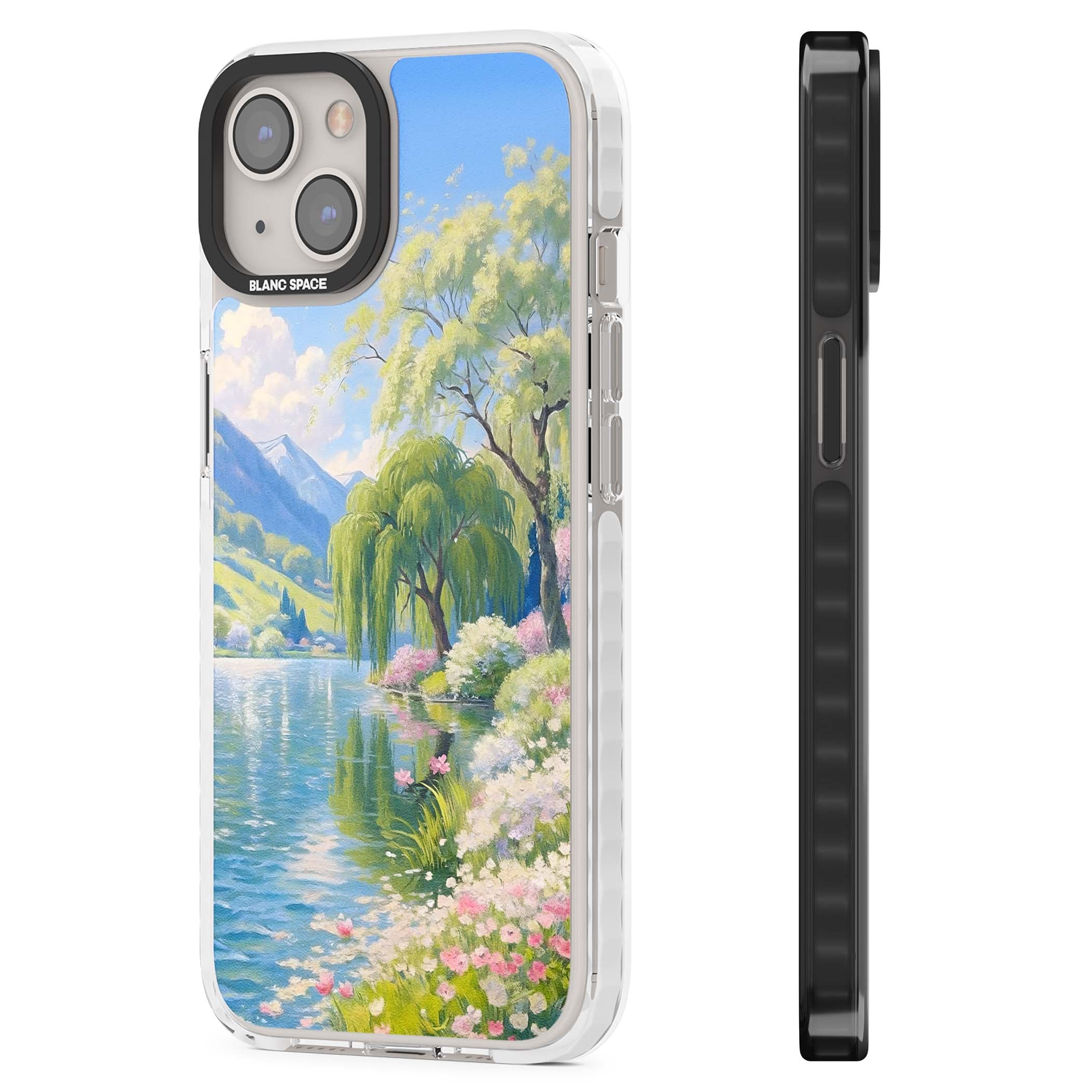 Willow Lake cottagecore iPhone case featuring a painted lakeside with weeping willow, blossoms and distant mountains | Clear Impact case for iPhone 13, iPhone 14, iPhone 15