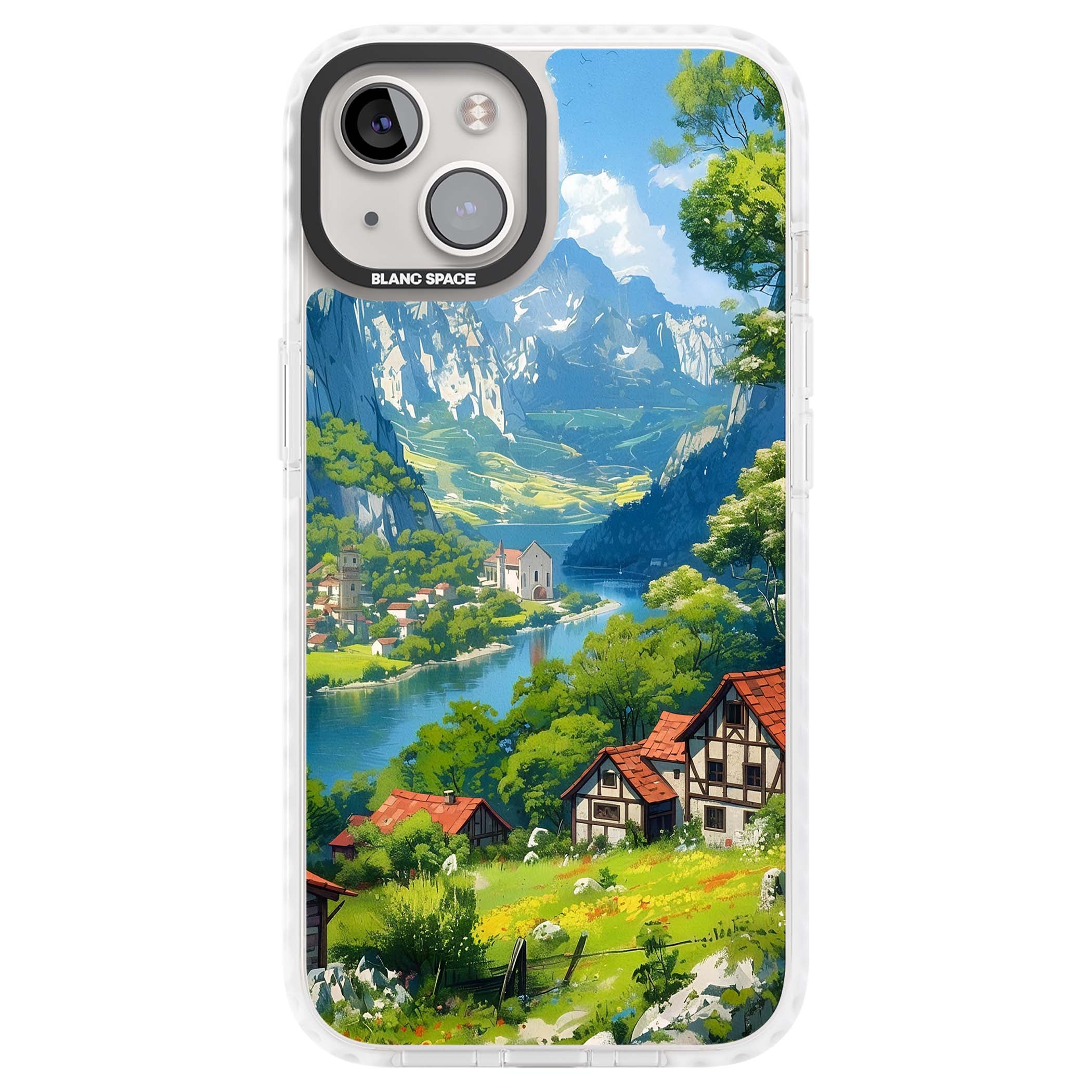 Village In The Valley anime iPhone case featuring a painted mountain village, river valley and half-timbered cottages. | Clear Impact case for iPhone 13, iPhone 14, iPhone 15