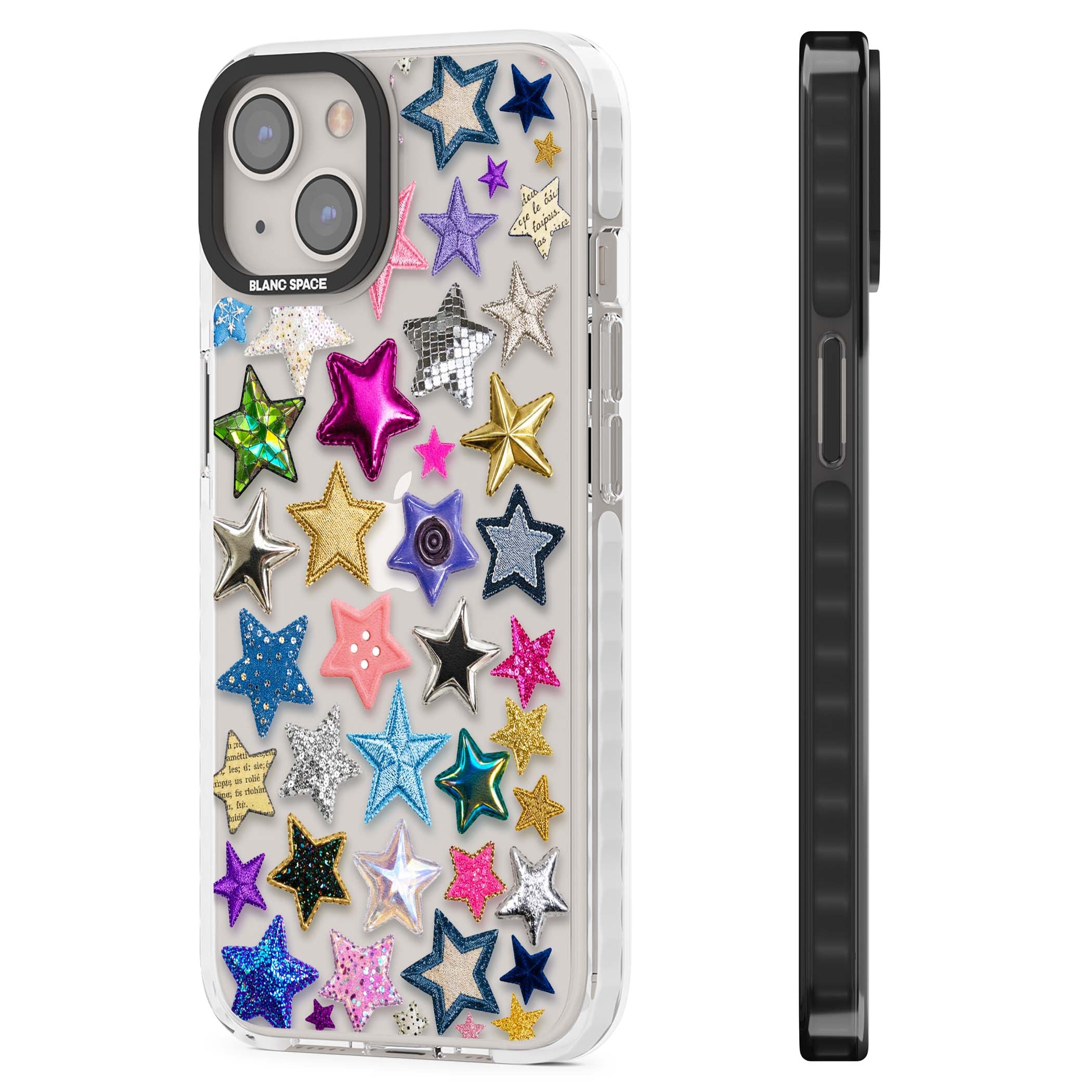 Crafty Star Mix Y2K iPhone case featuring embroidered, sequinned and glitter star patches in rainbow colours | Clear Impact case for iPhone 13, iPhone 14, iPhone 15