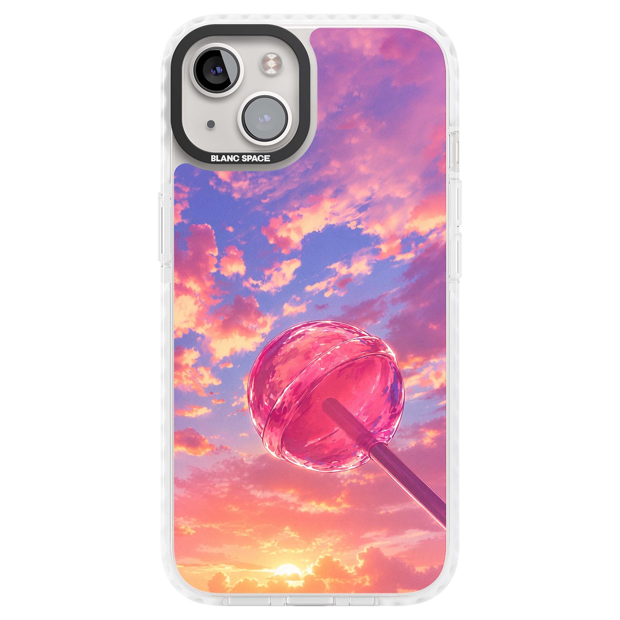 Sugar Sunset candy aesthetic iPhone case featuring a pink lollipop, pastel sunset sky and dreamy clouds | Clear Impact case for iPhone 13, iPhone 14, iPhone 15