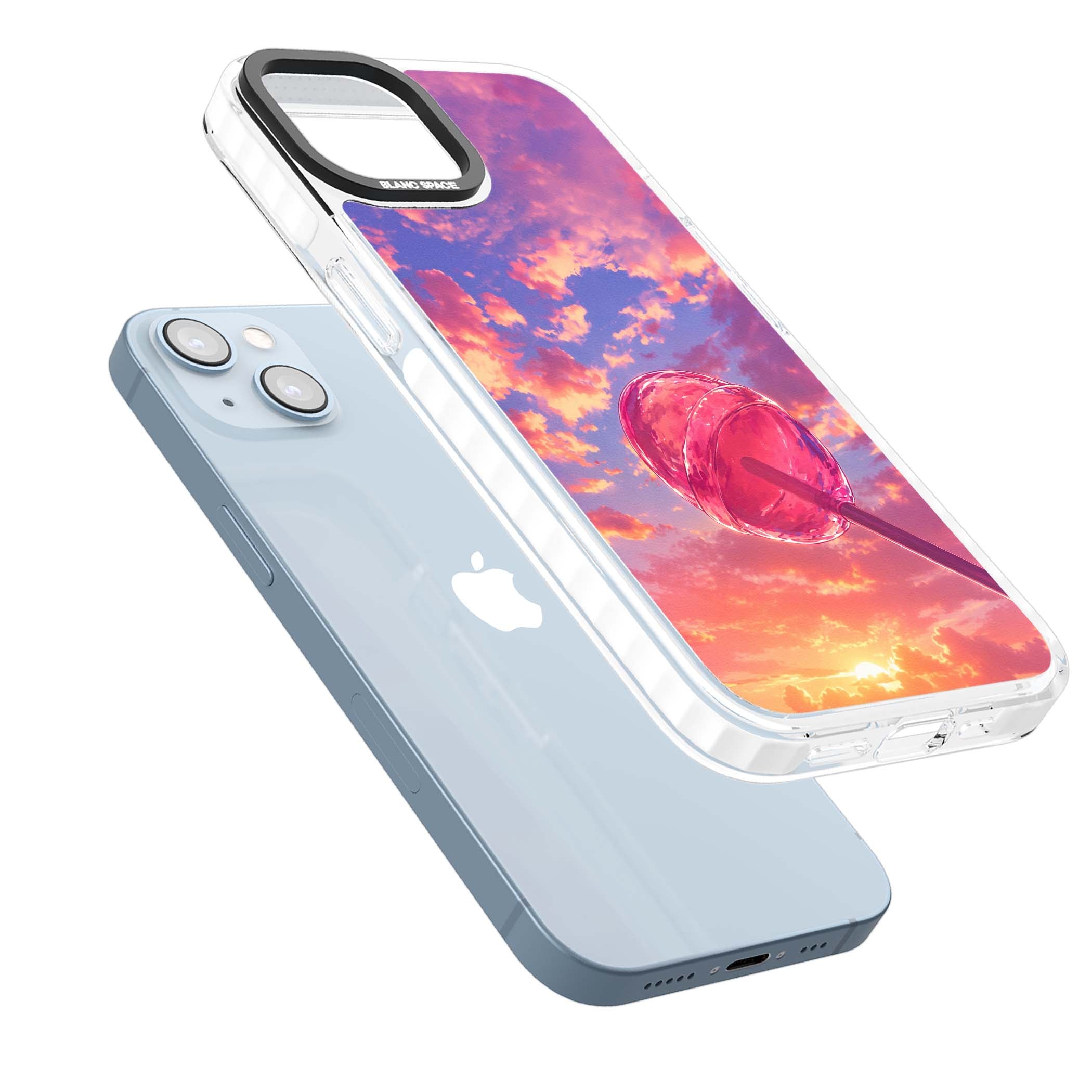 Sugar Sunset candy aesthetic iPhone case featuring a pink lollipop, pastel sunset sky and dreamy clouds | Clear Impact case for iPhone 13, iPhone 14, iPhone 15
