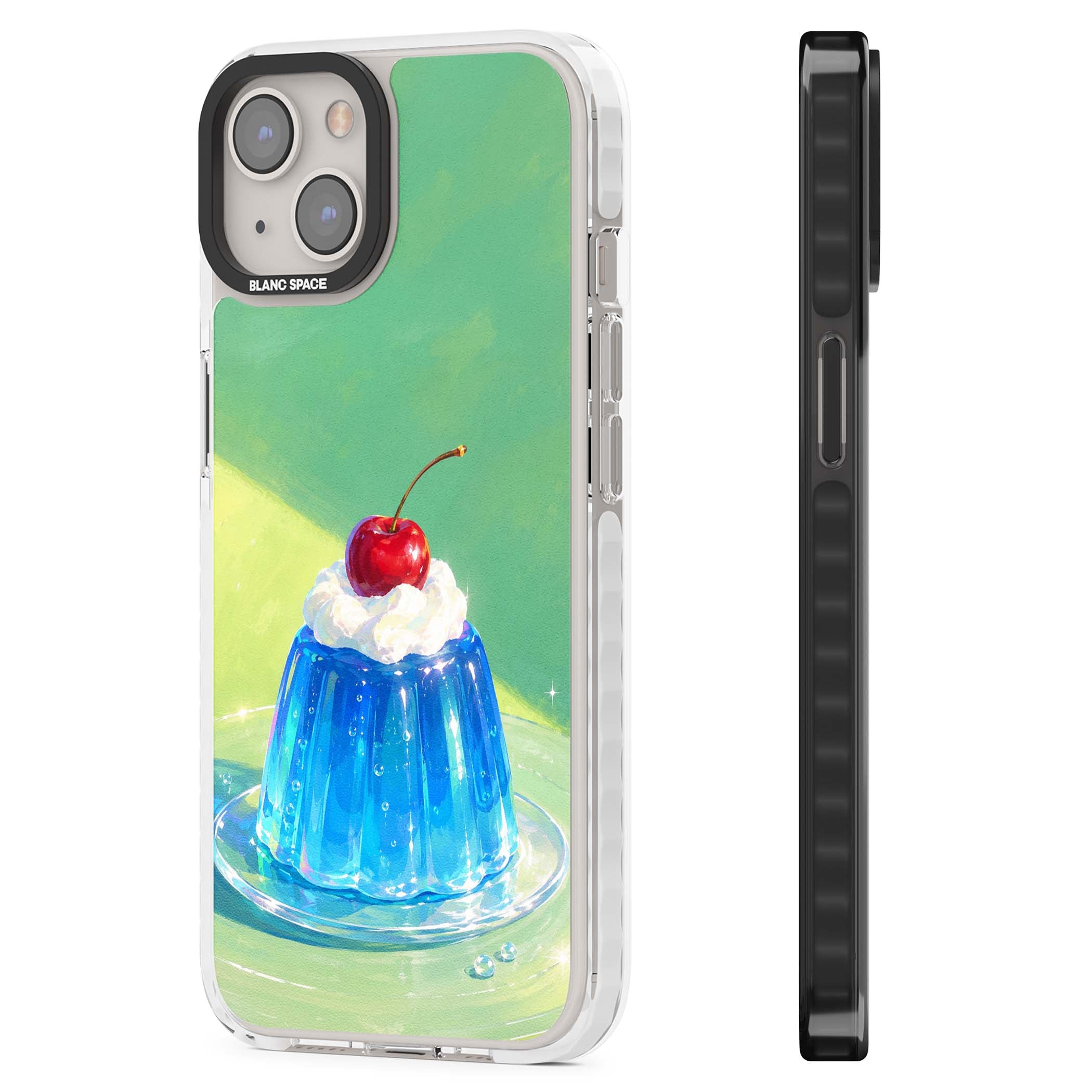 Cherry Jelly kawaii dessert iPhone case featuring blue jelly pudding, whipped cream and a red cherry | Clear Impact case for iPhone 13, iPhone 14, iPhone 15