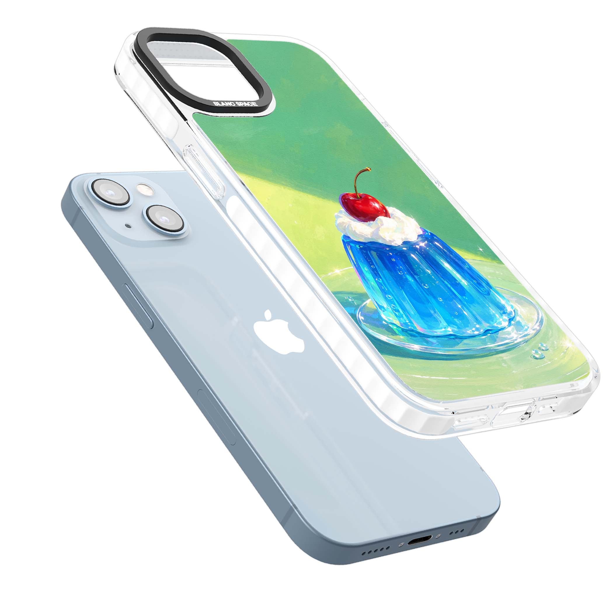Cherry Jelly kawaii dessert iPhone case featuring blue jelly pudding, whipped cream and a red cherry | Clear Impact case for iPhone 13, iPhone 14, iPhone 15